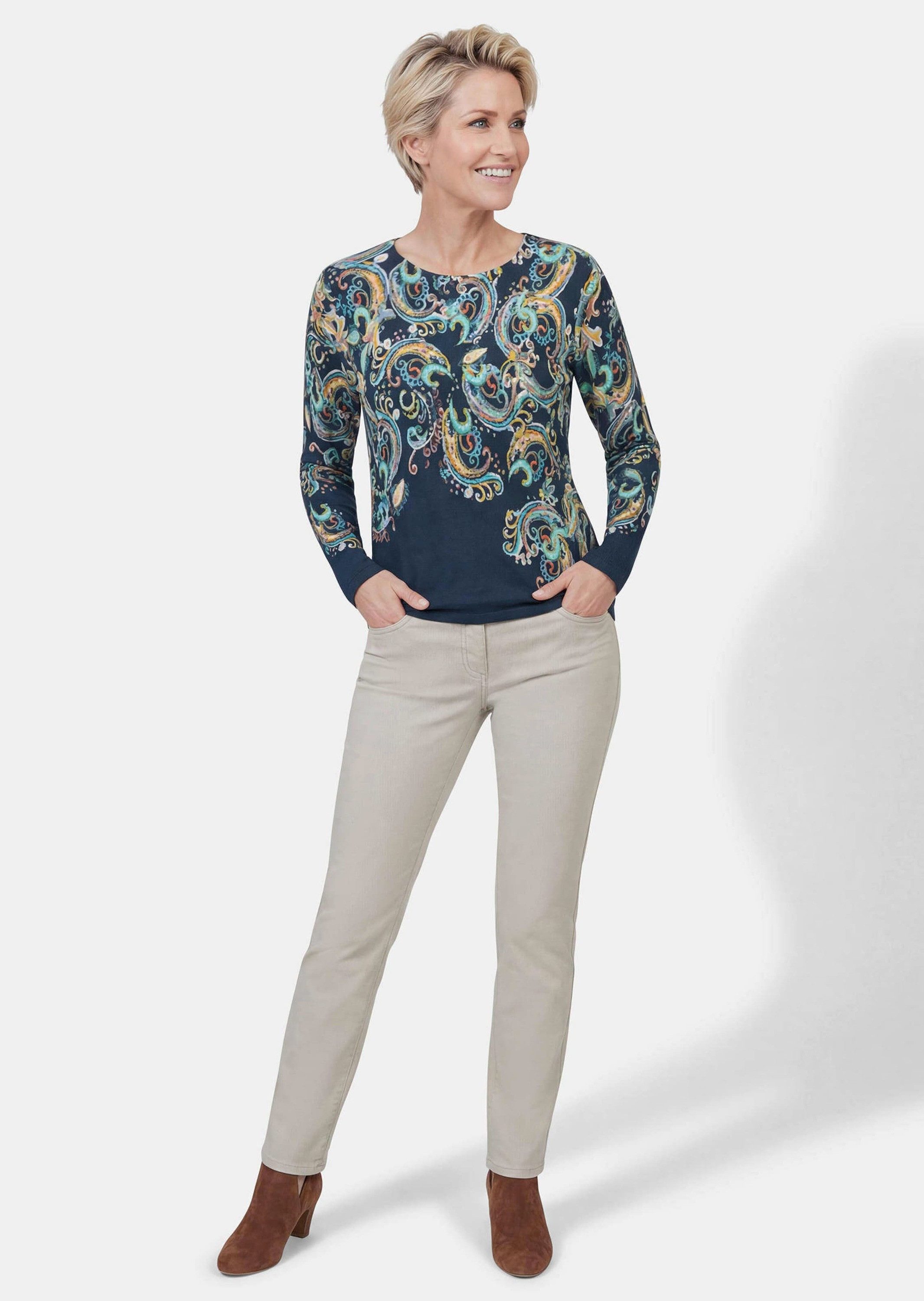 GOLDNER Strickpullover Kurzgröße: Feinstrickpullover mit Paisley-Druck Weicher Baumwoll-Woll-Strick mit U-Boot-Ausschnitt und Langarm