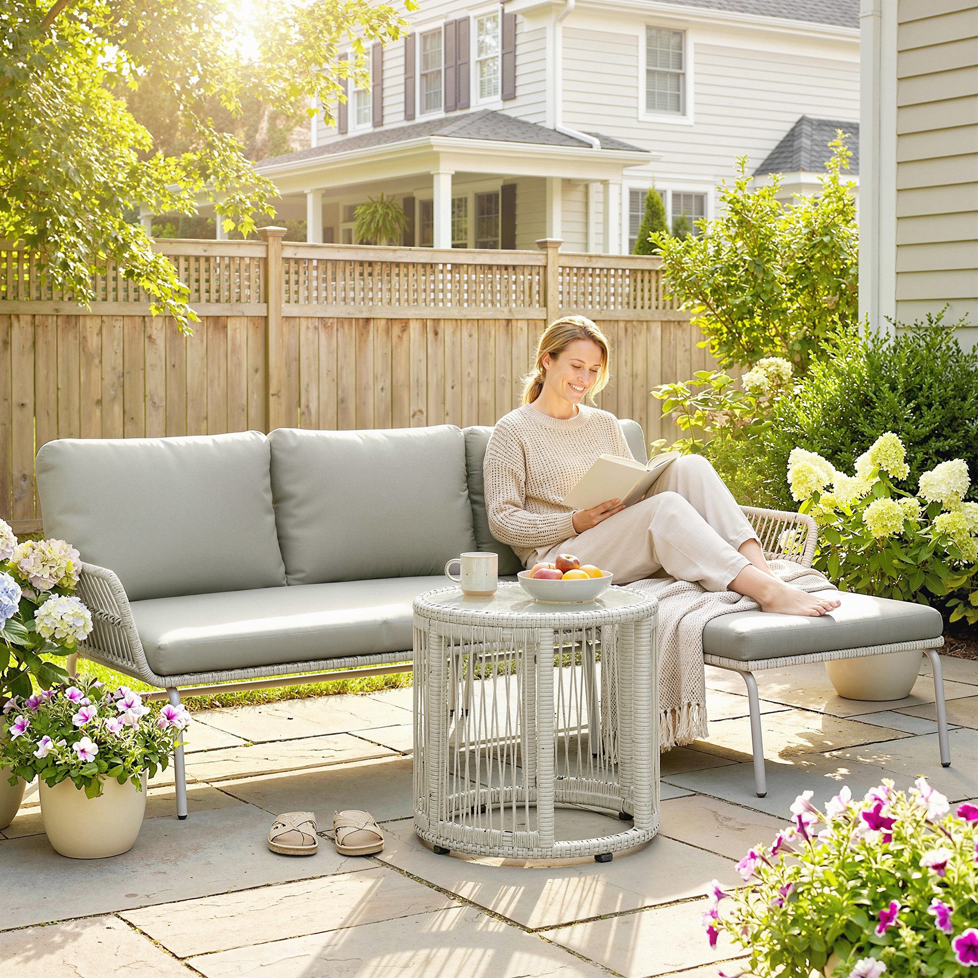 Outsunny Sitzgruppe mit Chaiselongue, Zweisitzersofa, Glastisch, abnehmbar Kissen, (Lounge Set, 3-tlg., Polyrattan Gartenmöbel Set), für Garten Terrasse Balkon Hellgrau