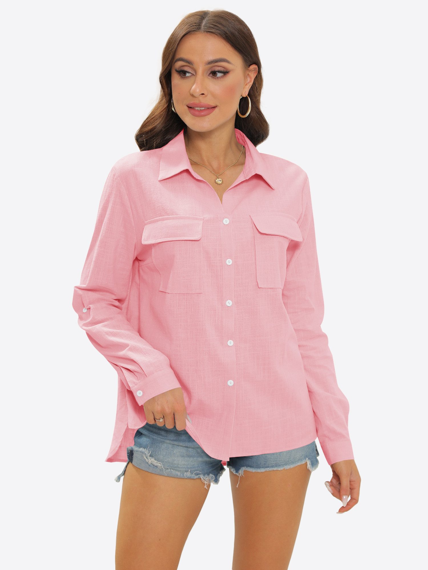 Imily Bela Langarmshirt Damen Hemd mit gerollten Ärmeln (Packung, 1-tlg., 1per-Pack) Reverskragen
