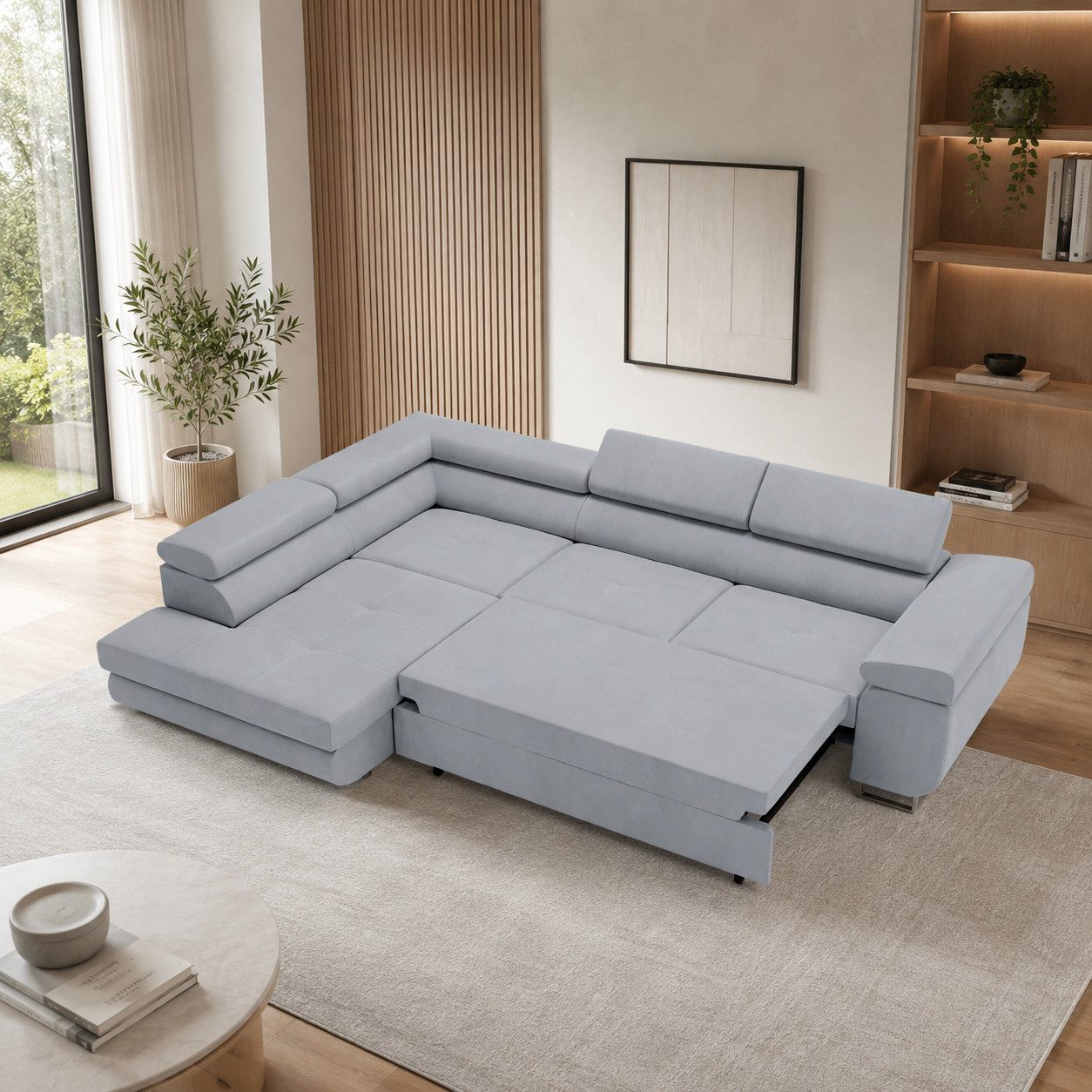 Goldstoff Ecksofa mit Schlaffunktion & Bettkasten - hochwertiges Sofa, Couch mit Schlaffunktion für Wohnzimmer - Schlafsofa - Eckcouch, Eckcouch mit praktischem Bettkasten in beige