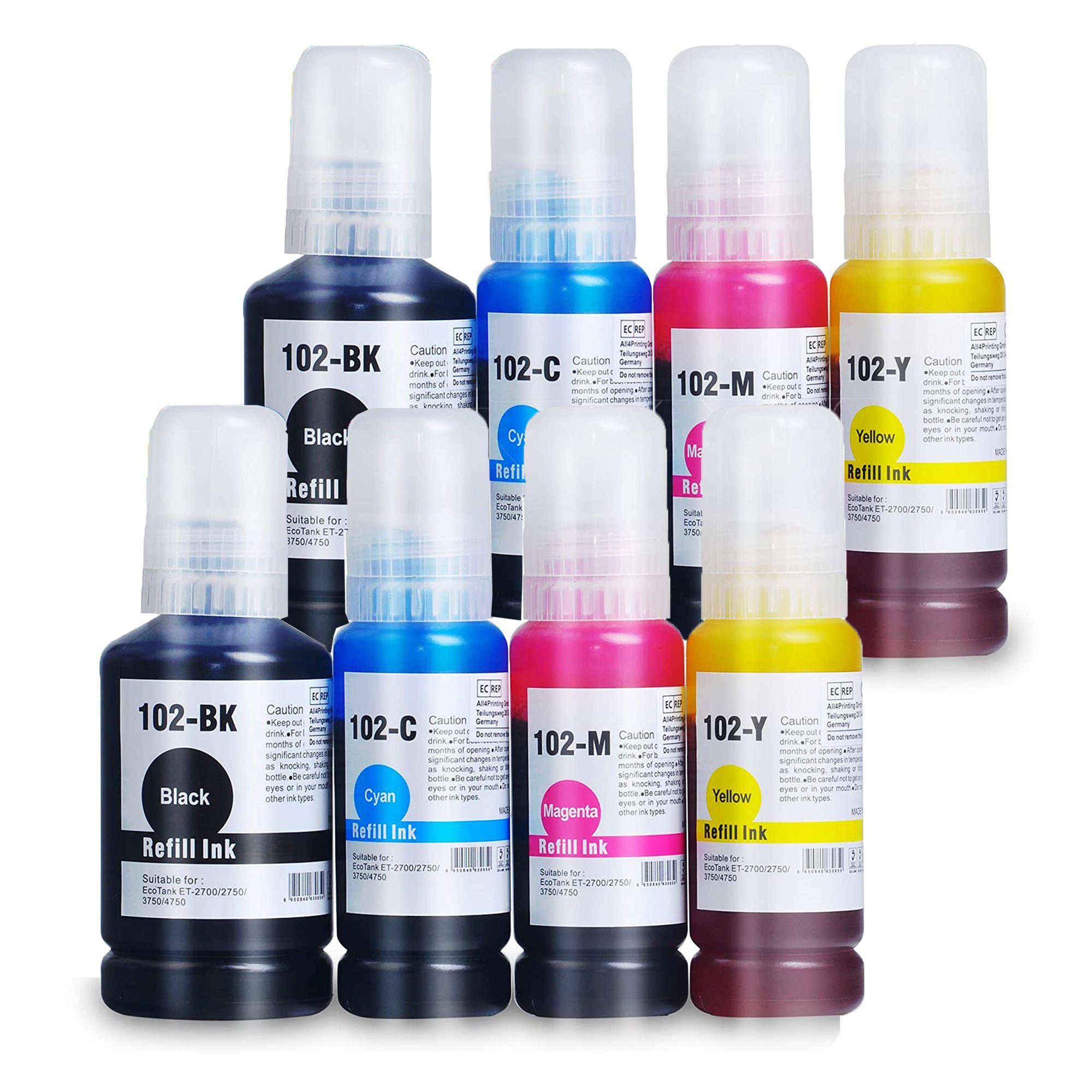 Koala 8er Drucker Tinte Refill für EPSON Ecotank 102 ET-4750 4800 4850 4856 Tintenpatrone (Packung, Nachfülltinte für EPSON 102 C13T03R640 ECOTANK ET-2700 3700 3750 15000)