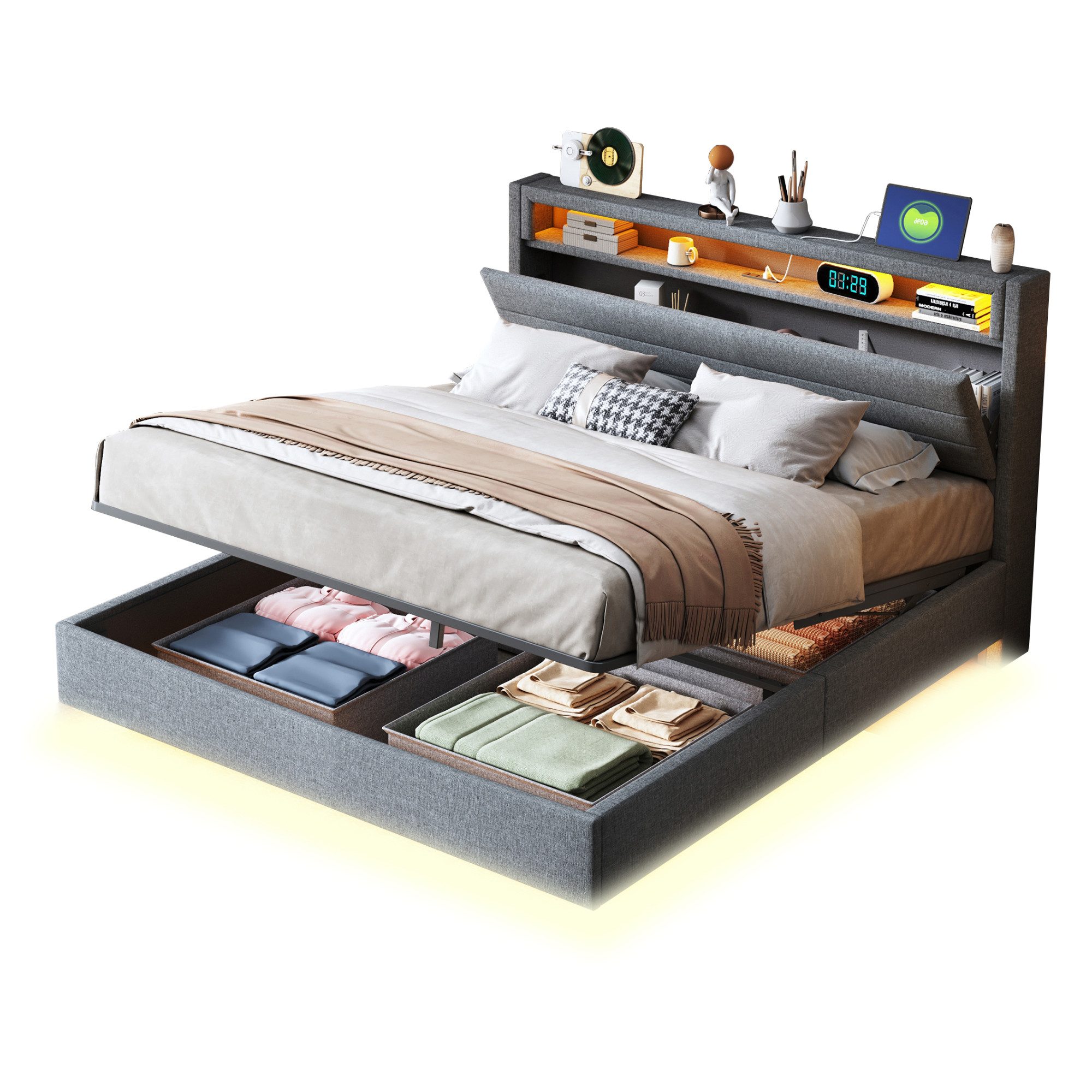 OKWISH Polsterbett Stauraumbett mit USB-Steckdose und LED-Licht, wendbares günstig online kaufen