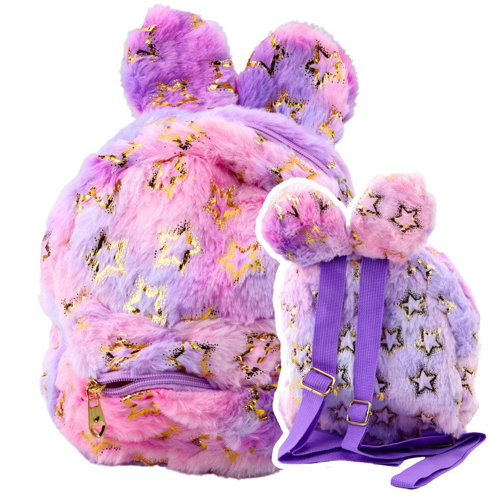 LEAN TOYS Kinderrucksack Kuschelrucksack Kindergartenrucksack Freizeitrucksack (Spar-Set, 1-tlg., 24 x 22 cm flauschig), Plüschohren, Glitzer-Sterne, verstellbare Gurte