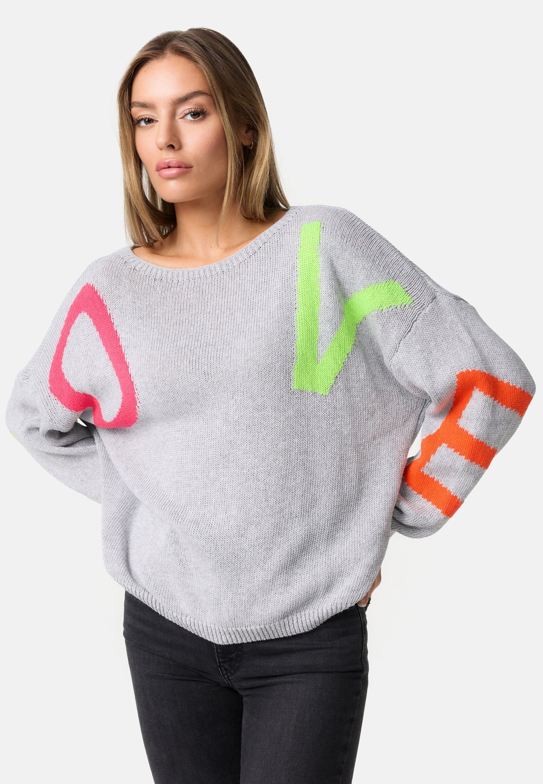 PM SELECTED Strickpullover PM71 (Trendiger Strickpullover Pullover im 80ies Style) Love Muster, Pop-Culture Design, Baumwollanteil, Neonfarben