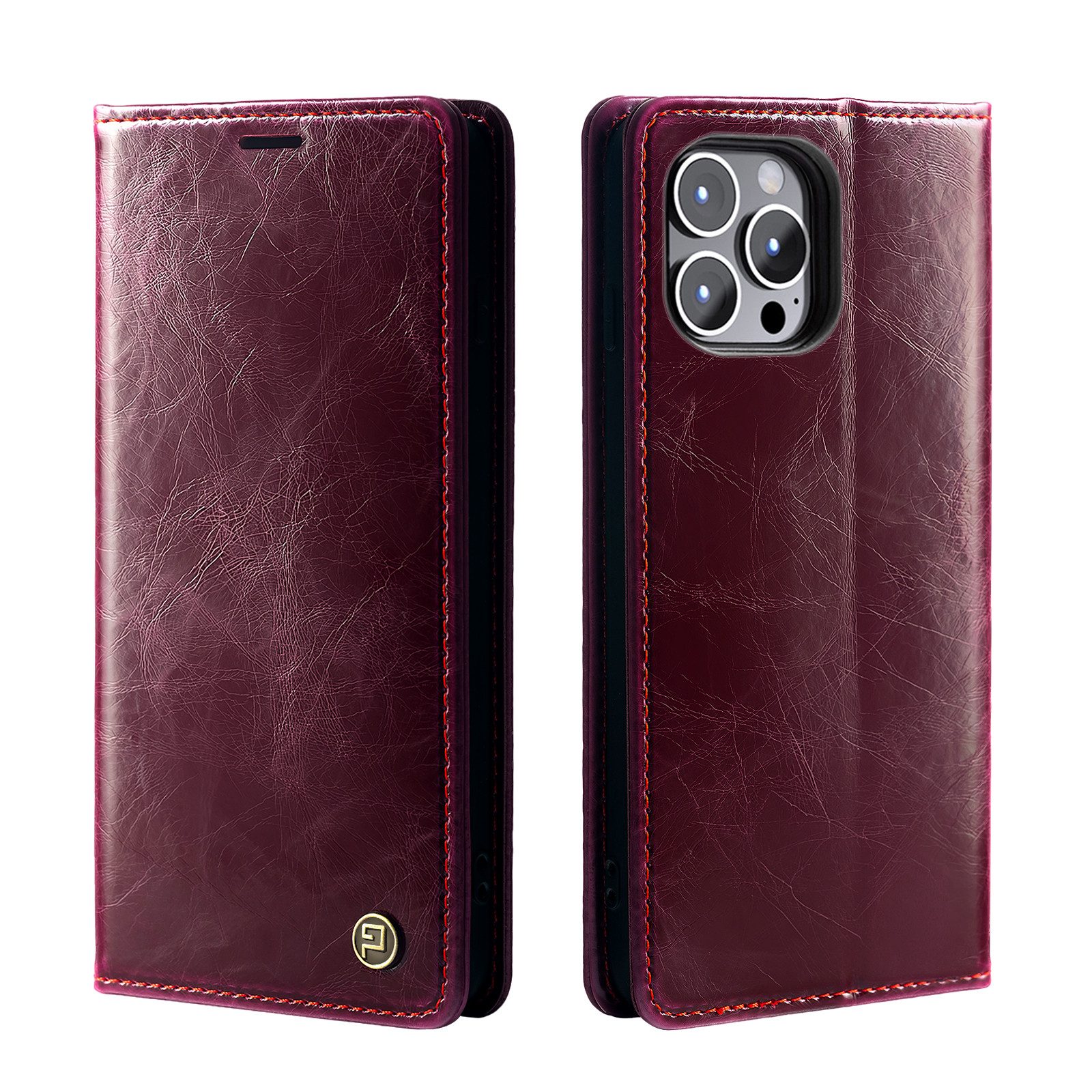 IPhone 15 Lederhlle Handyhlle Fr IPhone 15 Leder Flip Case Weinrot   Magnet Klappbar Mit Kartenfach & Standfunktion