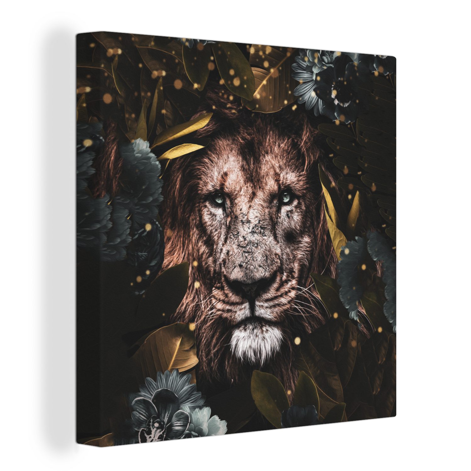 OneMillionCanvasses® Leinwandbild Löwe - Wilde Tiere - Blumen - Licht, (1 St), Leinwand Bilder für Wohnzimmer Schlafzimmer | Leinwandbilder