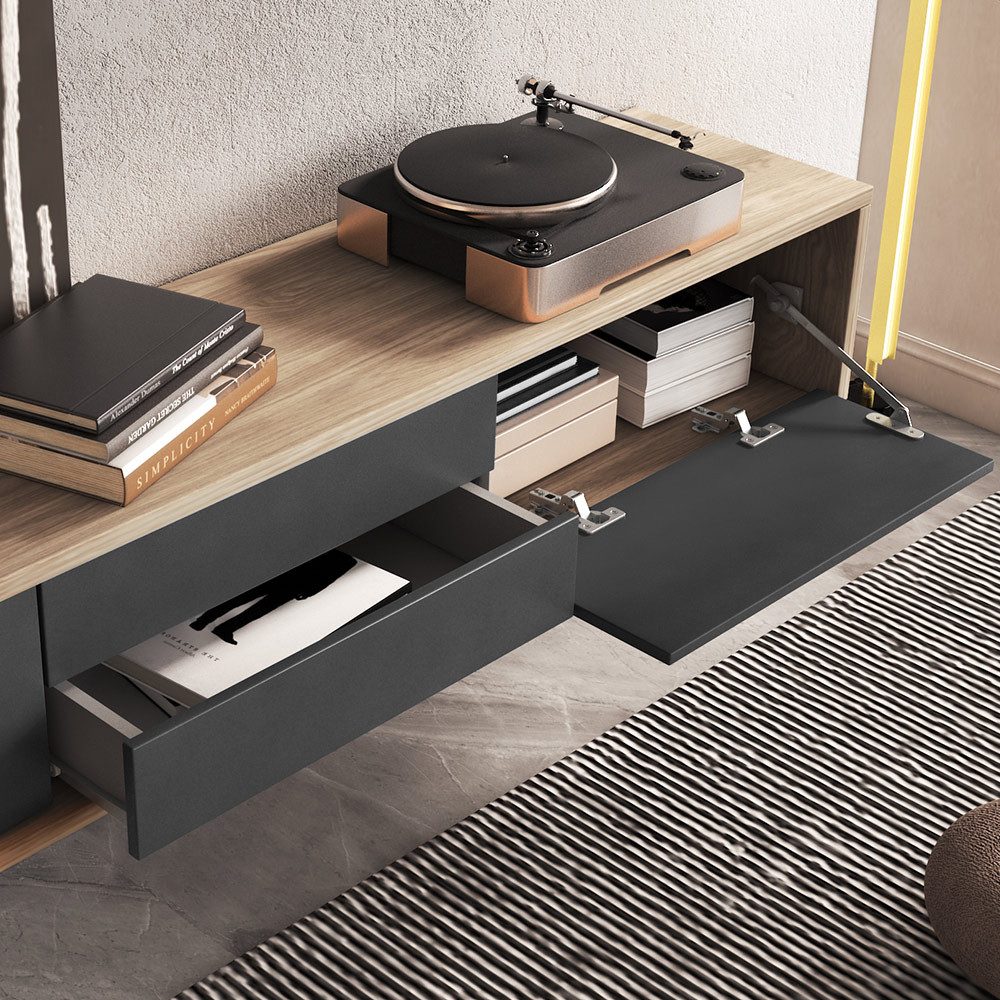 Lomadox Lowboard FORLI-83, Eiche anthrazit 2 Schubladen Push-to-open 180x32x36 cm