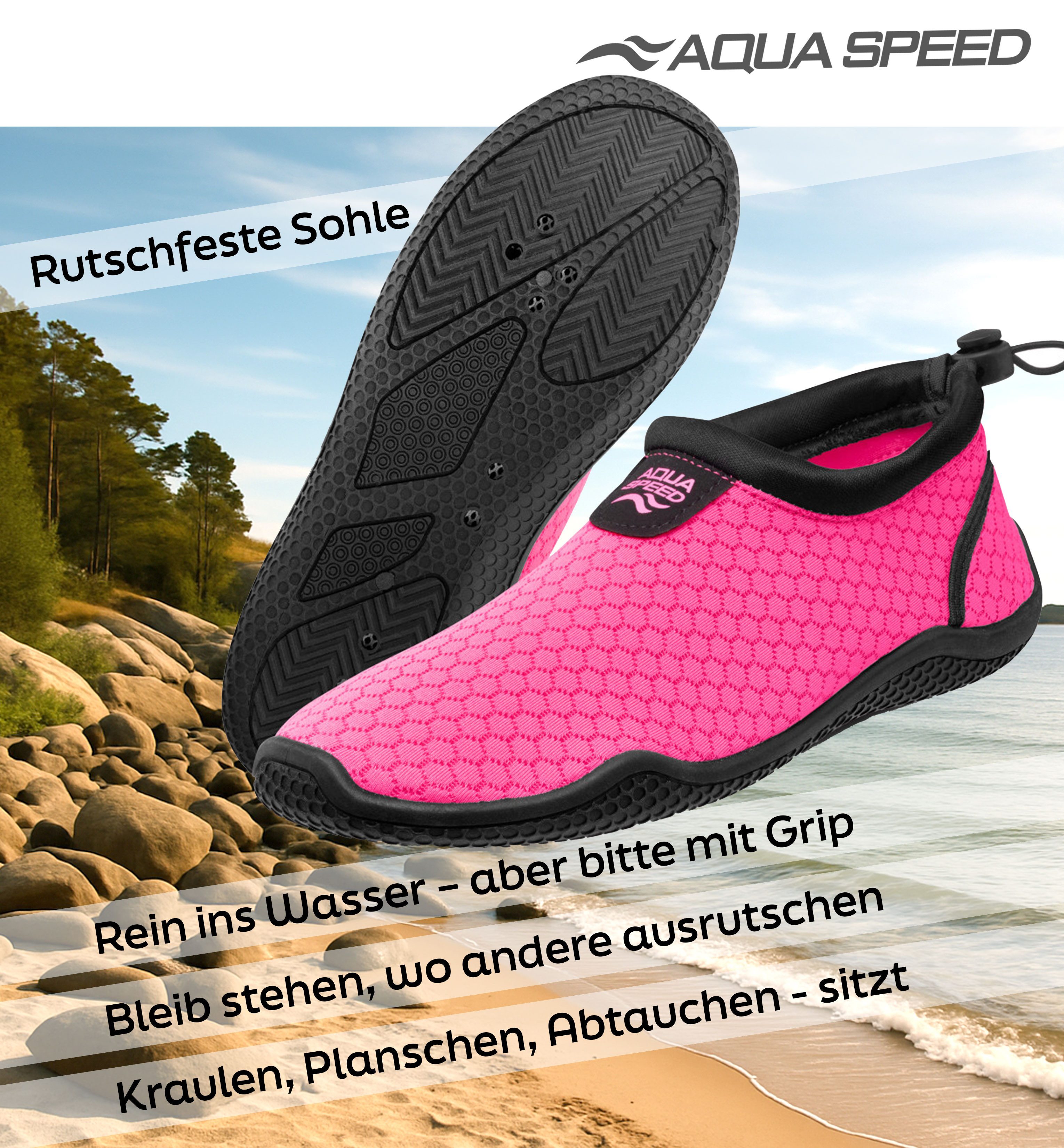 Aqua Speed 30 Aqua Shoe Griffige Wasserschuhe mit Mikrofaserhandtuch – sommerlic Wasserschuh (Barfuß-Schwimmschuhe mit Grip – für Kinder, Damen & Herren) Sohle mit Grip – Mit Mikrofaserhandtuch für Pool & Sauna