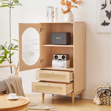 OKWISH Sideboard Kommode Rattan-Design (1 Tür aus klarem Acryl 2 Schubladen aus Rattan), Hochschrank, Esszimmerschrank, Kommode