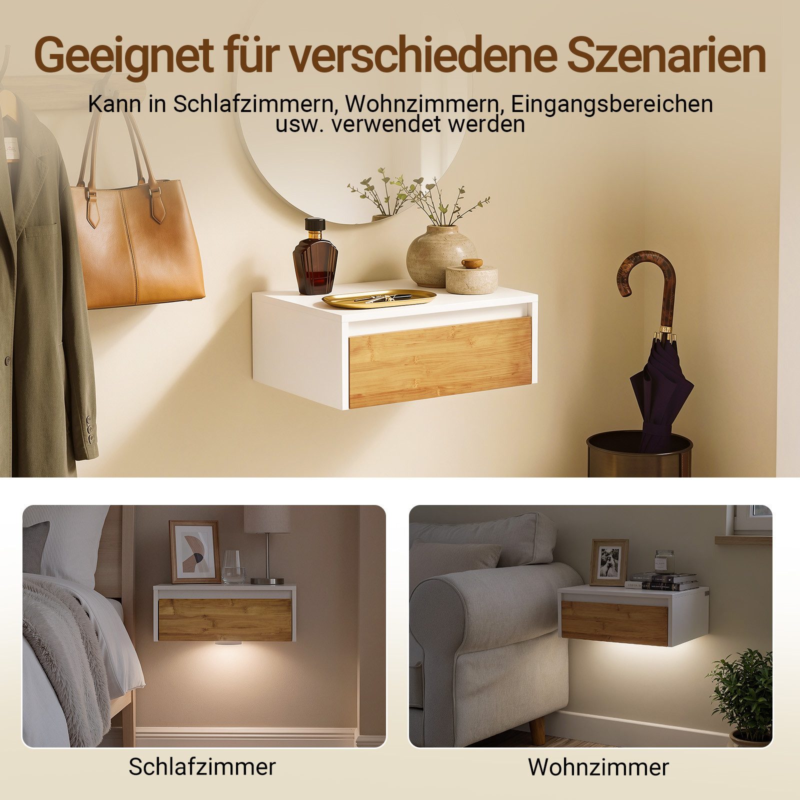SoBuy Wandregal FBT175, Nachttisch Nachtschrank hängend, Wandschrank Bettablage, Wandschrank mit Bewegungssensor Licht, mit Schublade, Schlafzimmer – Bild 4 von 5