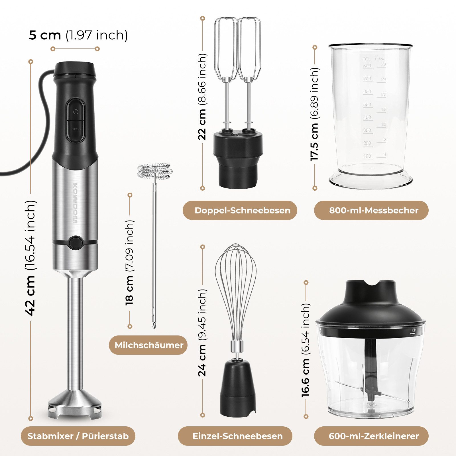 kowdom Stabmixer 1200W Stabmixer 6in1 mit Zerkleinerer & Milchaufschäumer, Pürierstab, 1200 W, Hochleistungsfähig, Multifunktional, Einfach zu reinigen, Platzsp – Bild 5 von 5