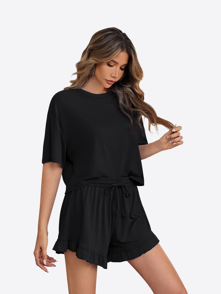 Imily Bela Hausanzug Damen Weich & Atmungsaktiv Pyjama Set 2-teilig (Set, 2 tlg., Hausanzug mit Crop-Top & Rüschen-Shorts) elastischer Taillenbund mit Kordelzug