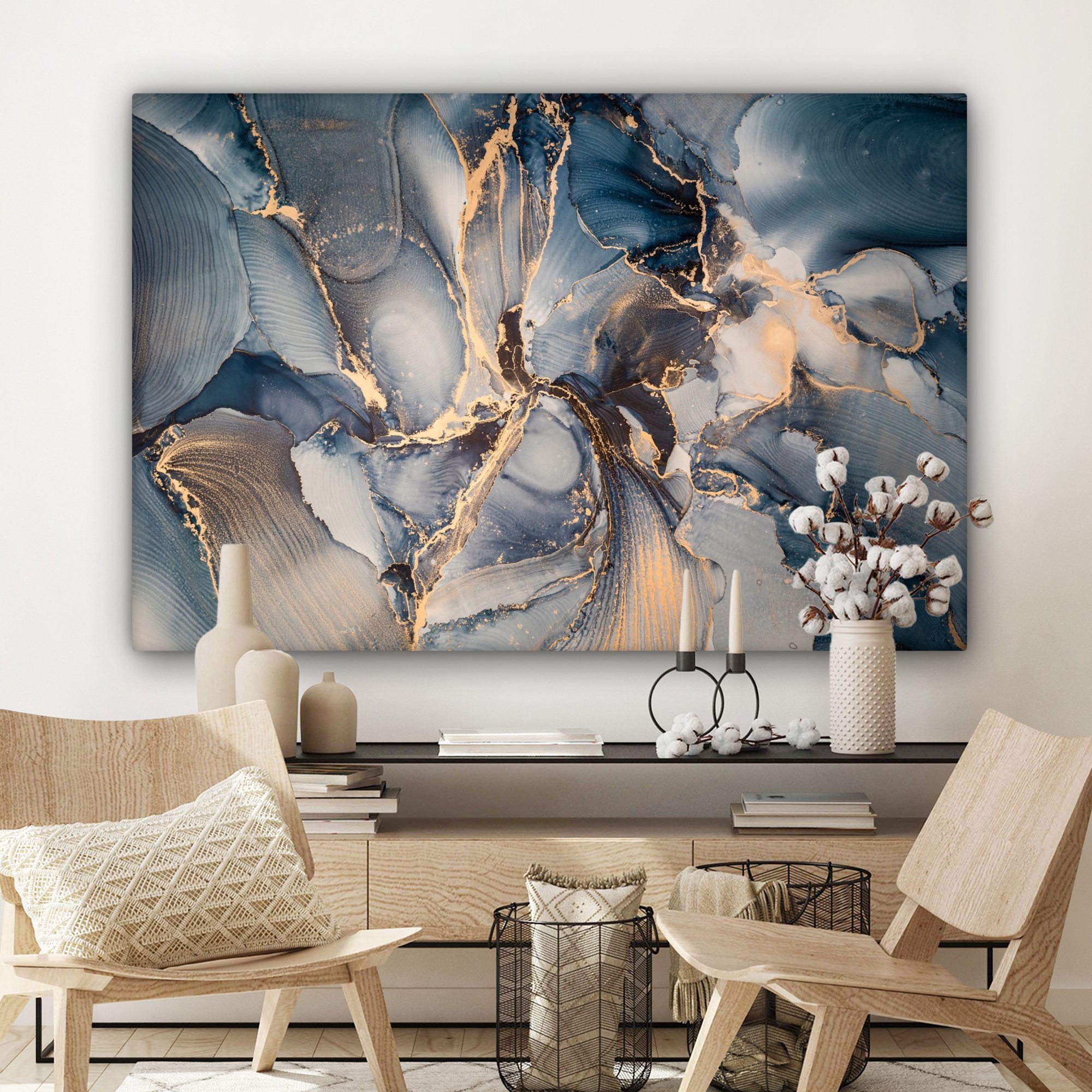 Marmor (1 cm großes, - XXL, Grau St), Leinwandbild für Luxus 120x80 - Gemälde, Wohnbereiche, - OneMillionCanvasses® alle - Gold, Wandbild Blau