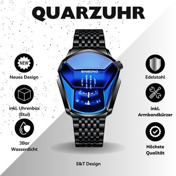 S&T Design Quarzuhr Herren Uhr Edelstahl Armbanduhr Herrenuhr, (Geschenkebox (Etui), inkl. Armbandkürzer & Etui), Männer Uhr 3Bar Wasserdicht Analog Geschenk