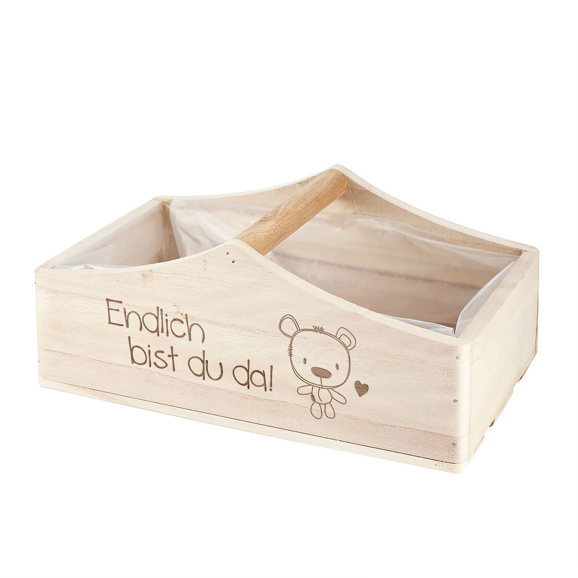 Striefchen Geschenkbox zur Geburt mit süßem Teddy Motiv graviert "Endlich bist du da"