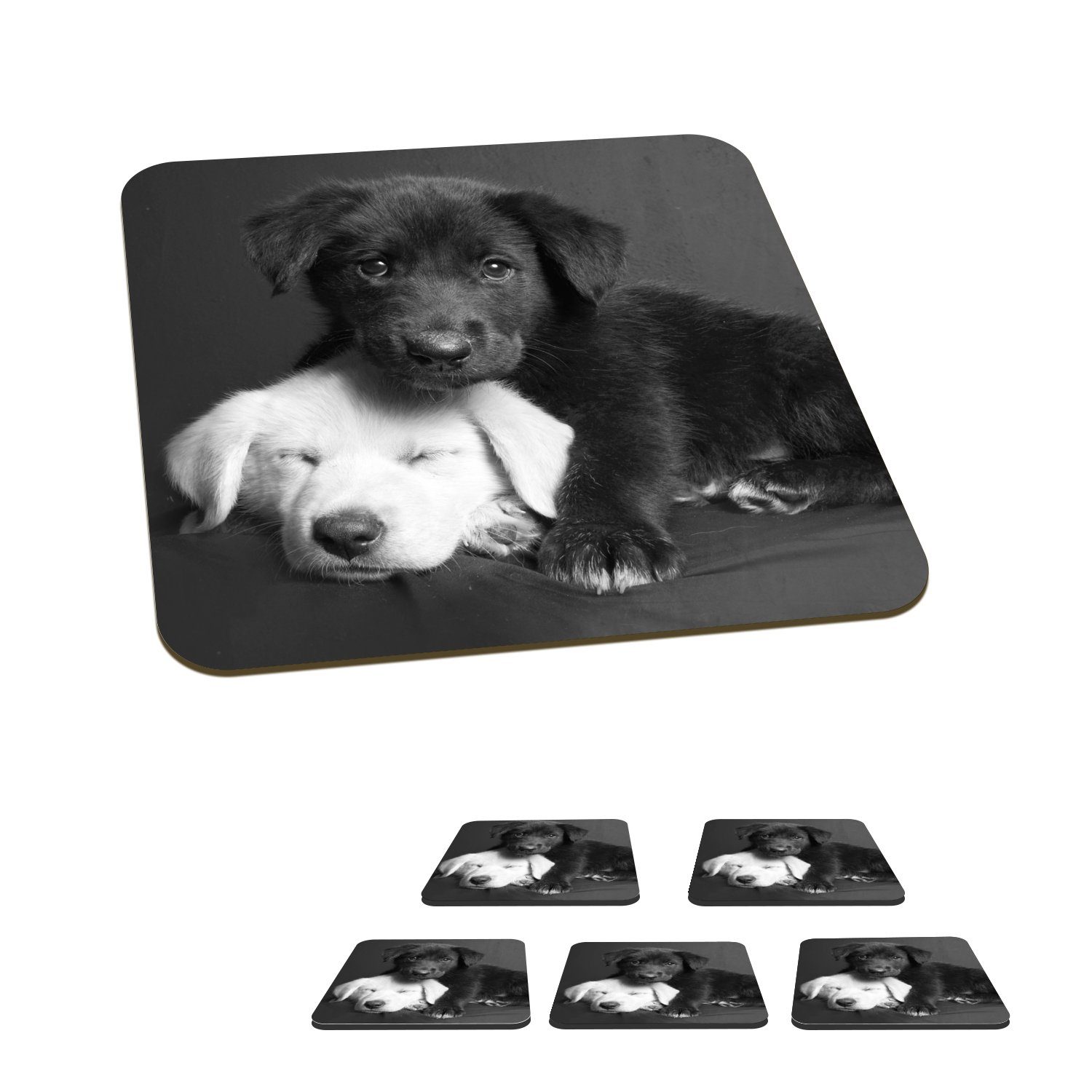 MuchoWow Glasuntersetzer Hunde - Welpe - Schwarz - Weiß - Tiere, Zubehör für Gläser, 6-tlg., Glasuntersetzer, Tischuntersetzer, Korkuntersetzer, Untersetzer, Tasse