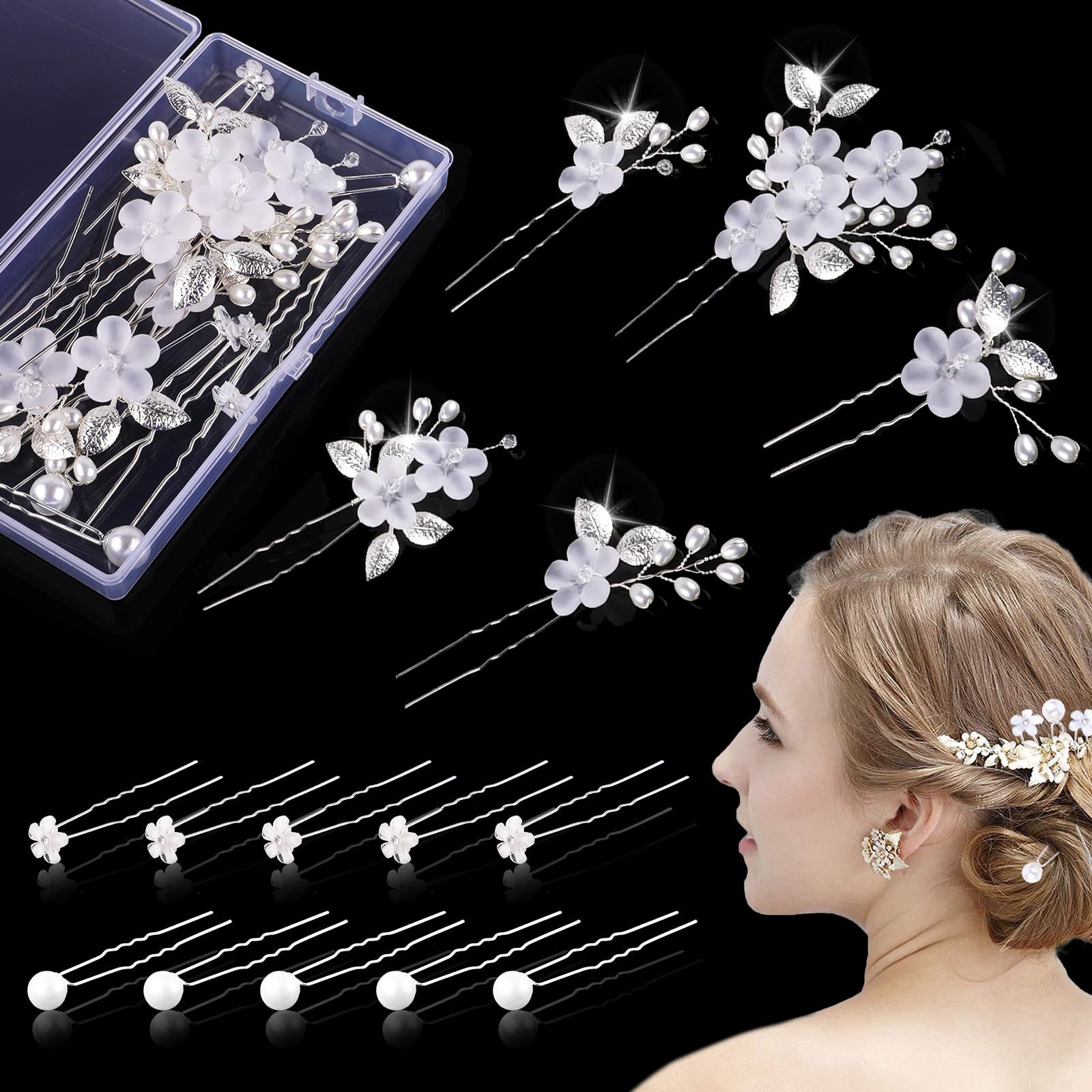 MOPUEA Haarnadeln 15 Stück Haarschmuck Hochzeit Set mit Perlen und Blume, Set, 15-tlg., U-förmig Haarspangen Strass, Haarnadeln für Braut und Brautjungfe