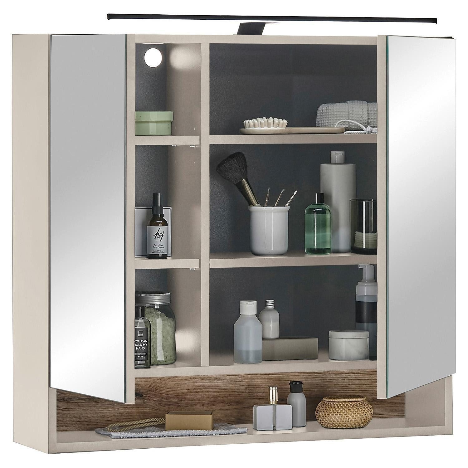 Bega Consult Spiegelschrank DENVER, 2 Spiegeltüren, Beige, mit LED-Aufsatzleuchte, B 80 x H 75 x T 22 cm