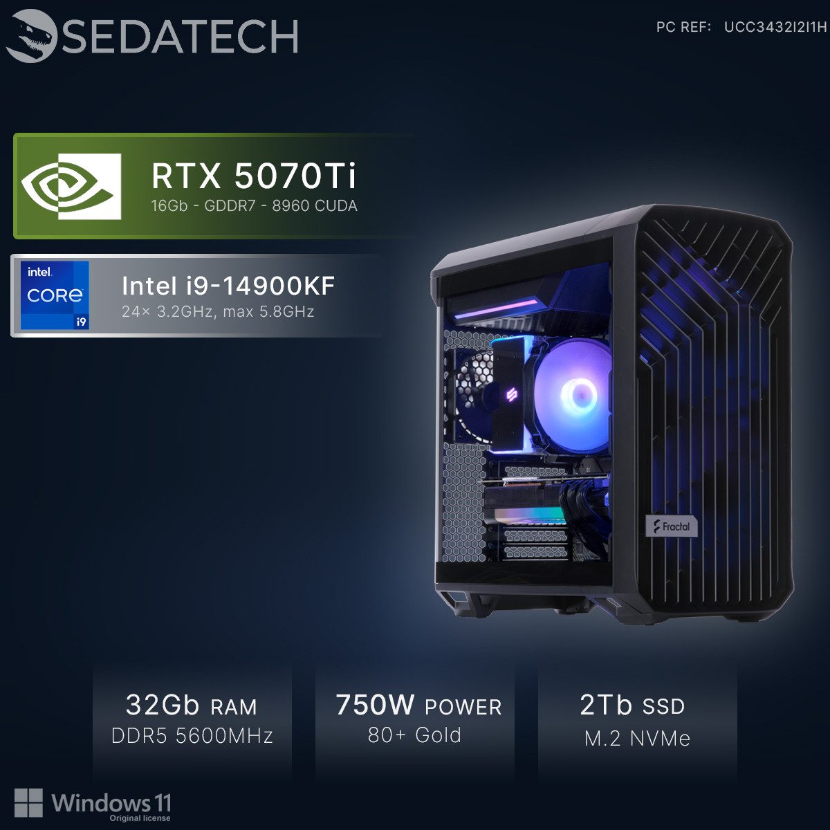 Sedatech UCC3432I2I1HF - Workstation Business-PC (Intel Core i9 14900KF 24x 3.2GHz (max 5.8GHz), Geforce RTX5070Ti 16GB, 32 GB RAM, 2000 GB SSD, Wlan 6E)