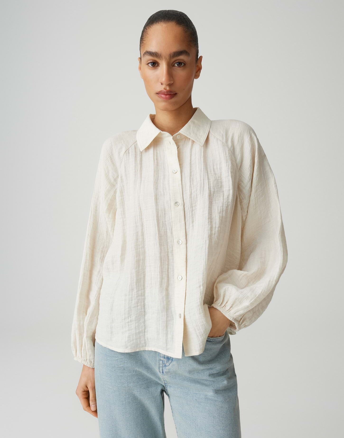 OPUS Langarmbluse Framatica mit leichter Crash Optik Ballonärmel, fließender Fall, natürlicher Griff, Casual