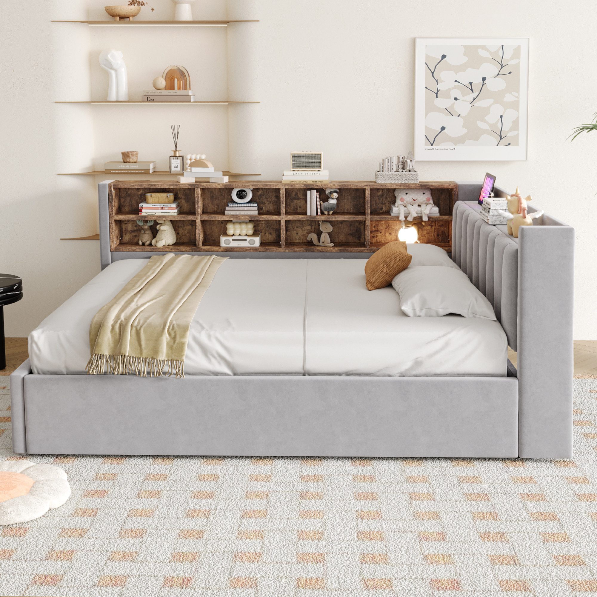 MODFU Schlafsofa Mit Hydraulischem Stauraum, Nachtlicht, USB & Typ-C Ladeanschlüssen, Samt,Polsterbett mit Ablagen und Staufächern, Multifunktionales Kinderbett 140x200 cm, ohne Matratze