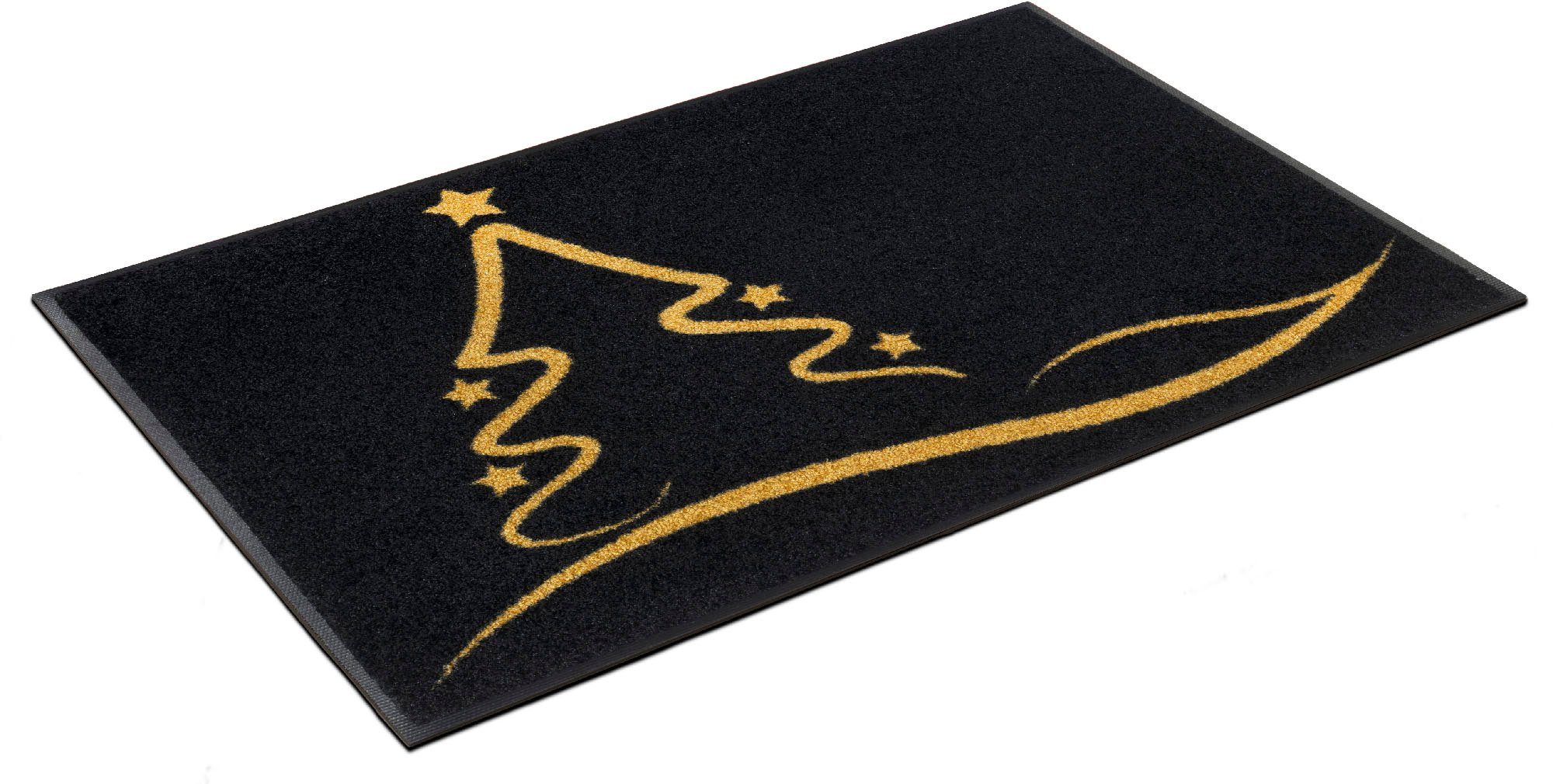 Fußmatte Golden Shine, wash+dry by Kleen-Tex, rechteckig, Höhe: 7 mm, Schmutzfangmatte,Motiv Weihnachten Tannenbaum, rutschhemmend, waschbar schwarz / gold