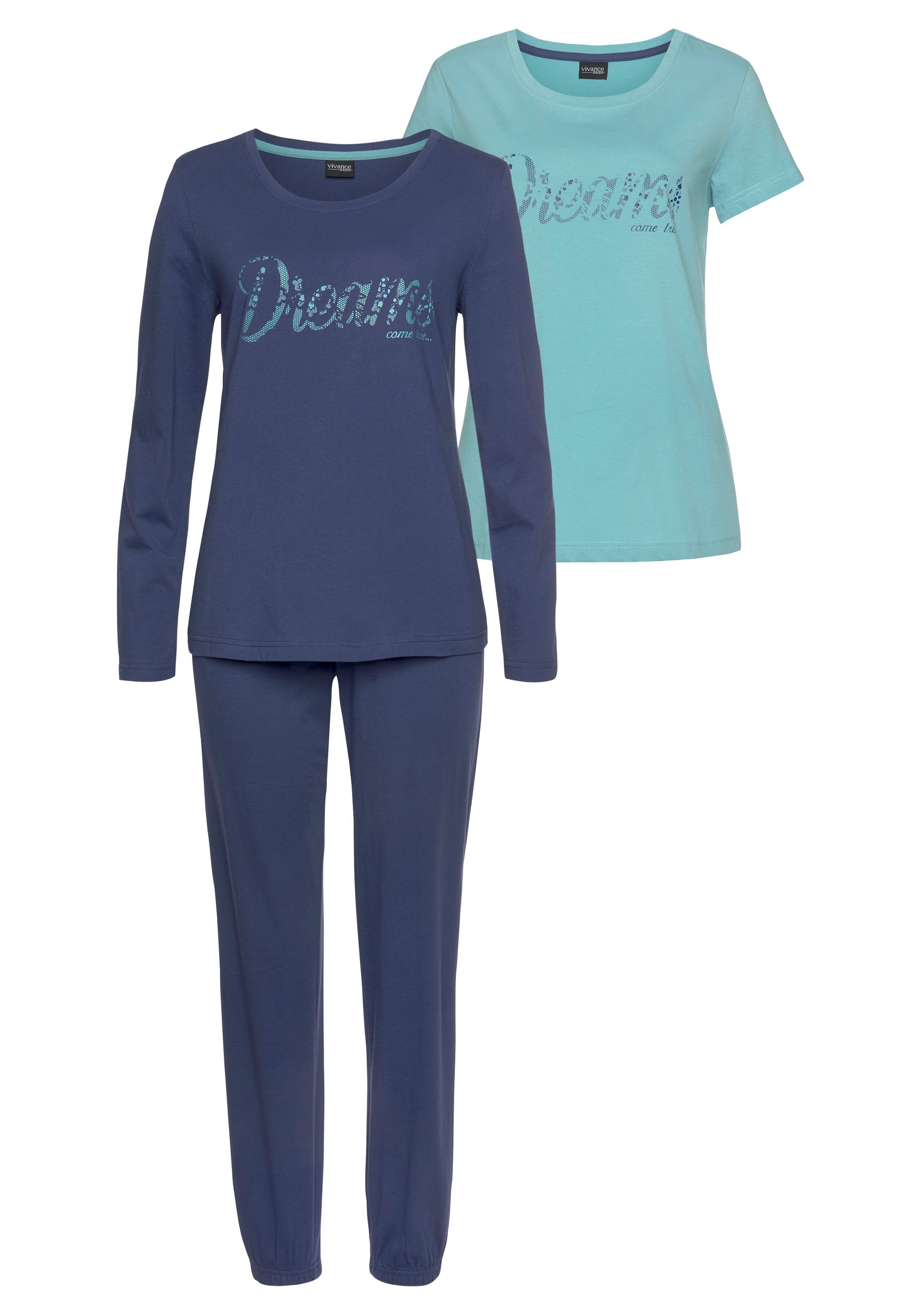 Vivance Dreams Pyjama dunkelblau tlg) Frontschriftzug 3 blau, mit (Set