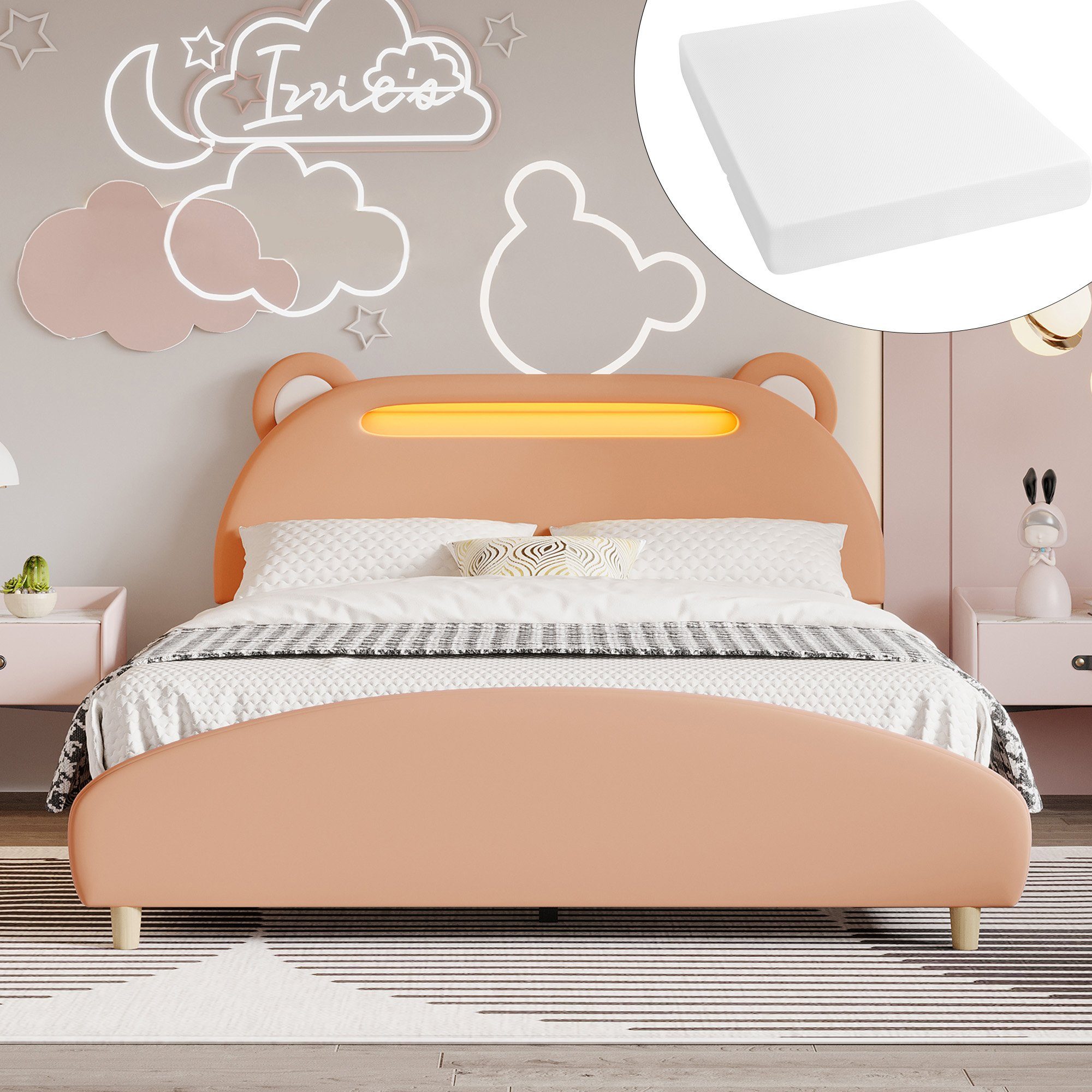 EXTSUD Kinderbett Doppelbett (mit Matratze) mit LED-Licht mit  Bärenkopfteil, Samt, Polsterbett mit LED-Lichtband mit Holzlattenrost, Samt  (140x200 cm)