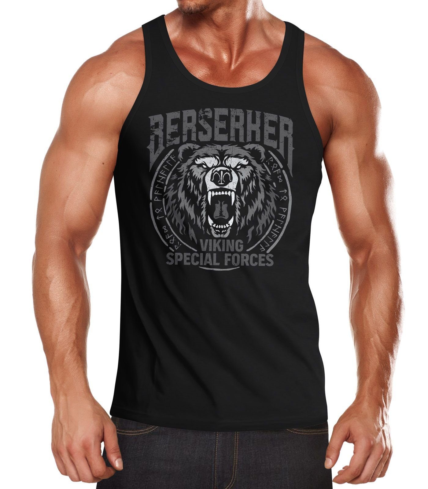 Muscle mit Bär Neverless® Viking Print Berserker Runen Tank-Top Muskelshirt Neverless nordische Tanktop Shirt Mythologie Herren