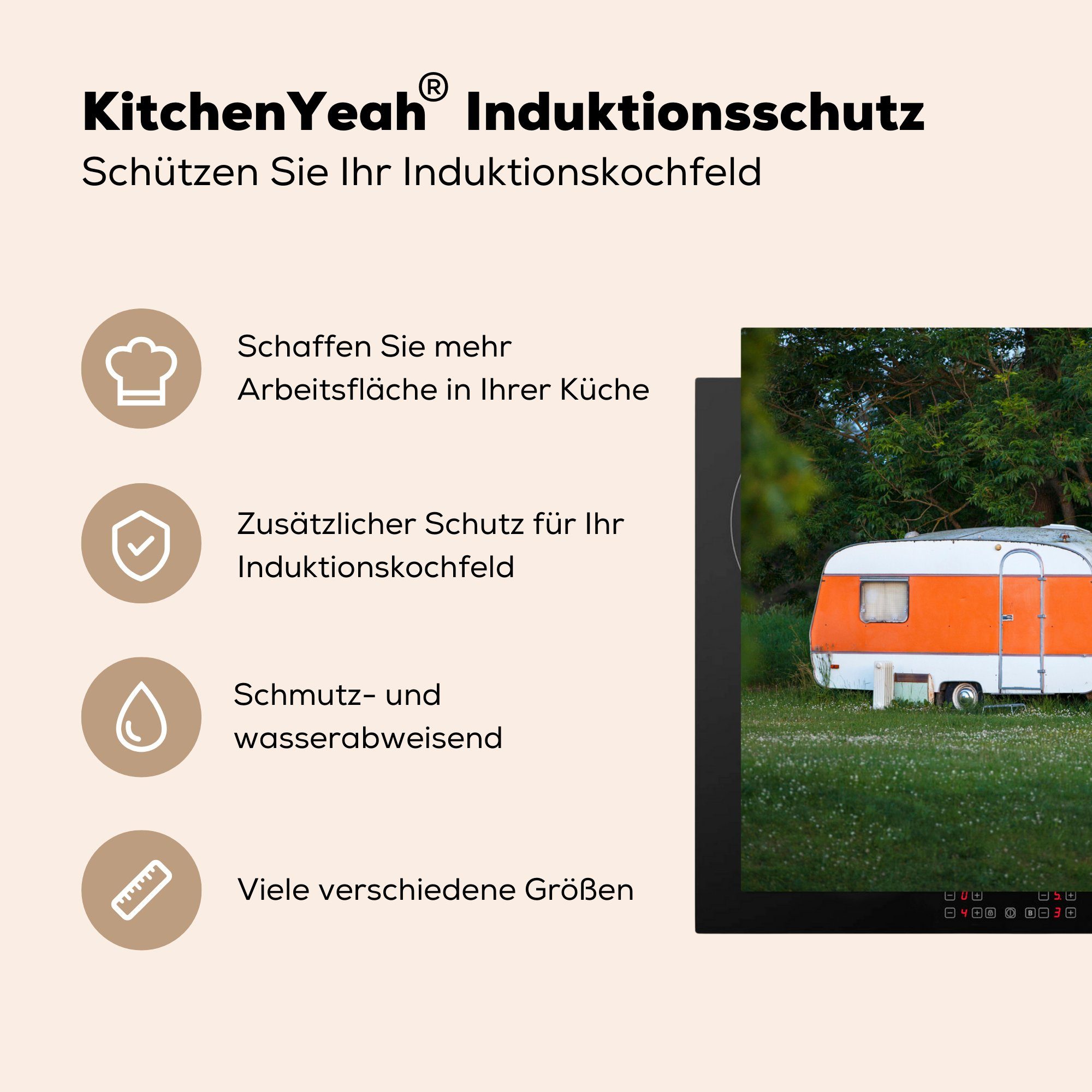 cm, für Arbeitsplatte 78x78 Orange Wohnwagen - Vinyl, tlg), (1 küche Ceranfeldabdeckung, Herdblende-/Abdeckplatte MuchoWow Wiese, -