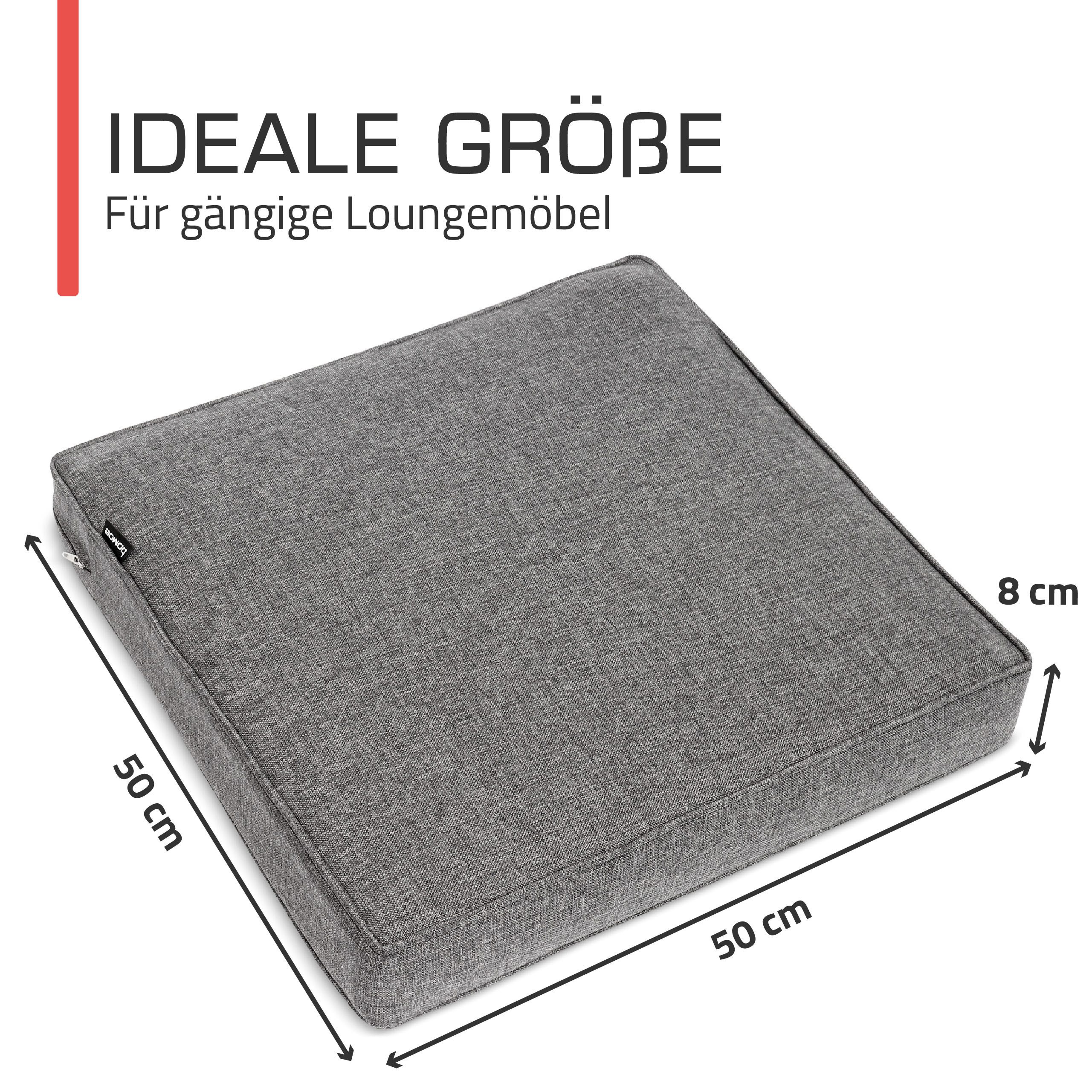 bomoe Sitzkissen Outdoor Loungekissen Ilano, 50x50x8cm, Hellgrau, Sitzkissen 8cm dick Polster Bezug Waschbar Gartenkissen UV-Schutz