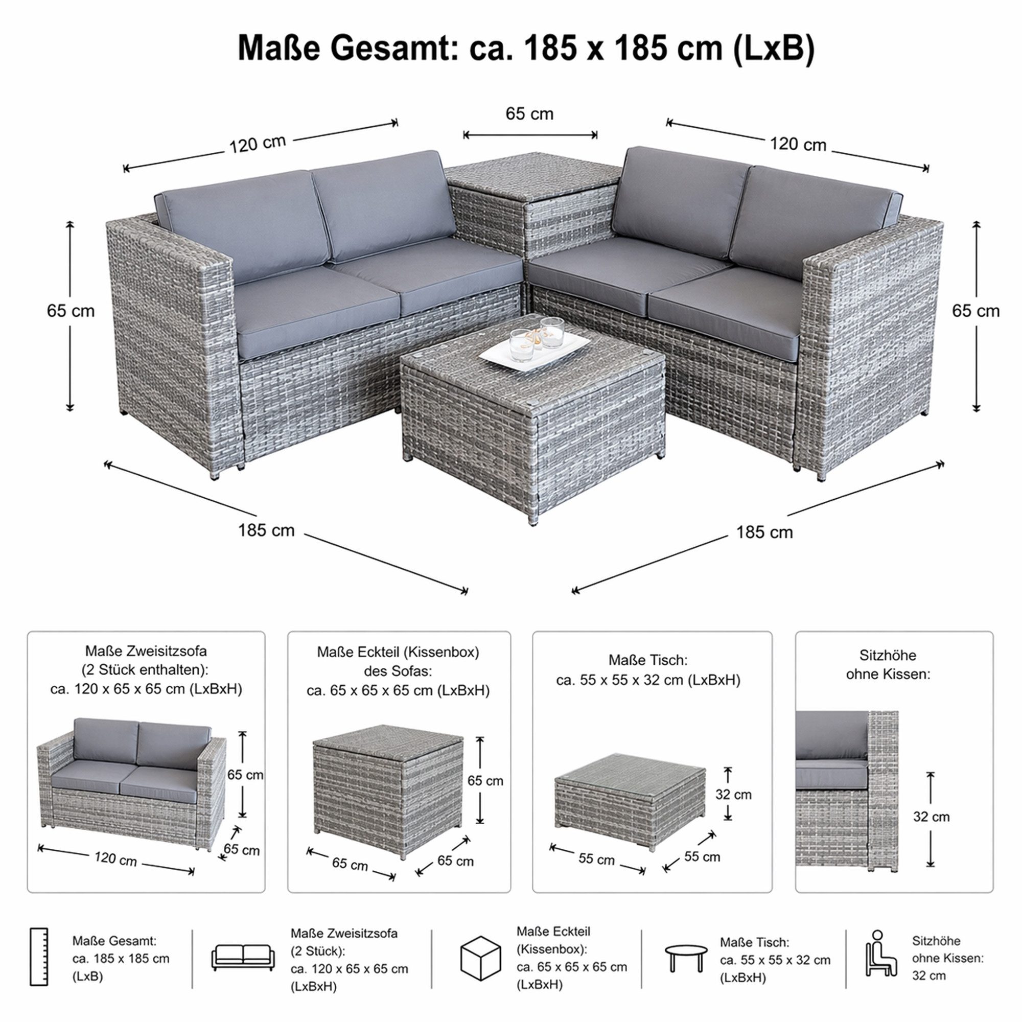 Mucola Gartenlounge-Set Polyrattan Sitzgruppe mit Auflagenbox Sitzgarnitur Gartengarnitur, (Set, inkl.Tisch), Sicherheitsglasplatte