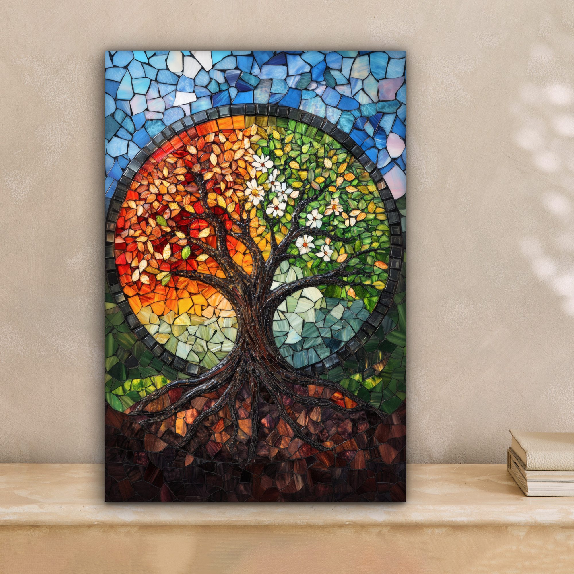 OneMillionCanvasses® Leinwandbild Baum - Jahreszeiten - Mosaik - Berge, Fot günstig online kaufen
