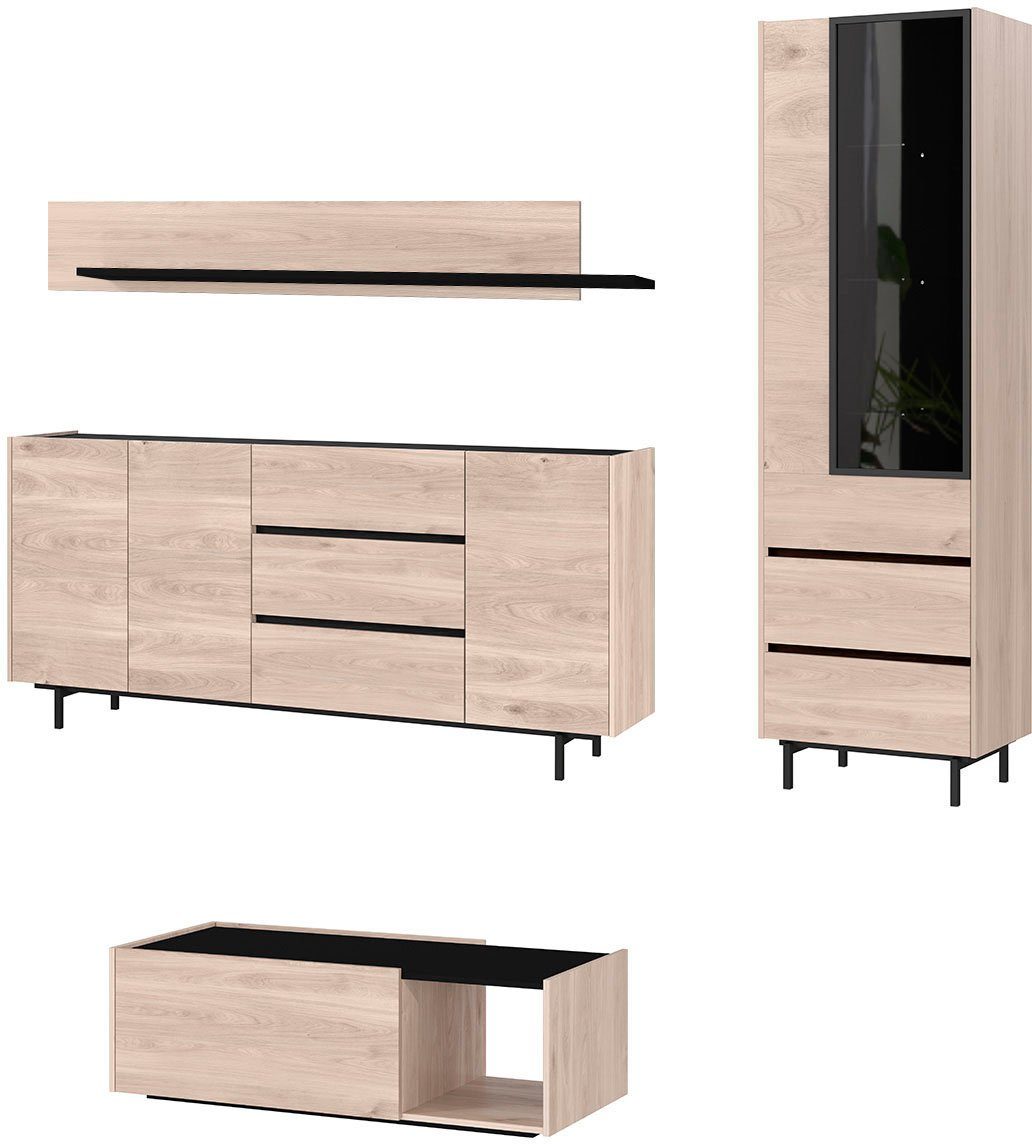 Vitrine, mit 4-St), Wandboard, Couchtisch, GERMANIA (Set, Wohnzimmer-Set Design Cantoria, griffloses Sideboard,