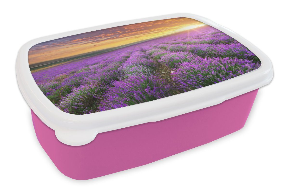 MuchoWow Lunchbox Lavendel - Wolken - Frühling, Kunststoff, (2-tlg), Brotbox für Erwachsene, Brotdose Kinder, Snackbox, Mädchen, Kunststoff rosa