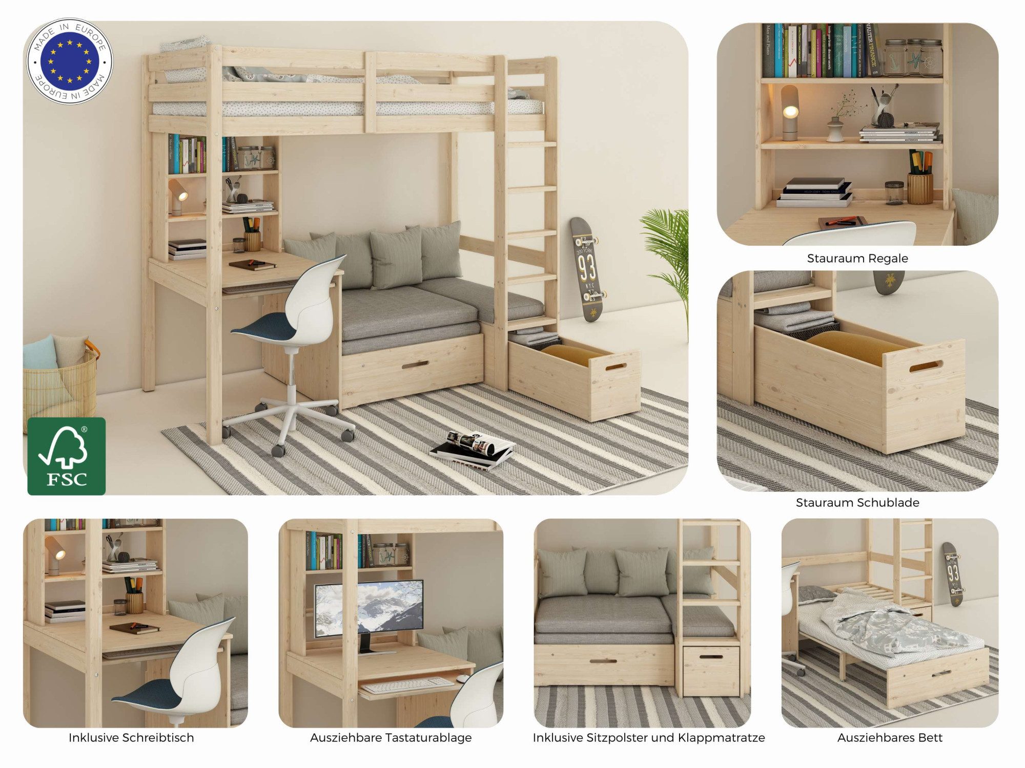 OTTO home Etagenbett HENNE' TOPSELLER! Hochbett, Ideal für kleine Räume, 2 Schlafplätze (zweiter Schlafplatz ausziehbar, B/H/T ca. 208/180/105cm), mit Polsterauflagen, Schreibtisch, Stauraum, seitenverkehrt montierbar