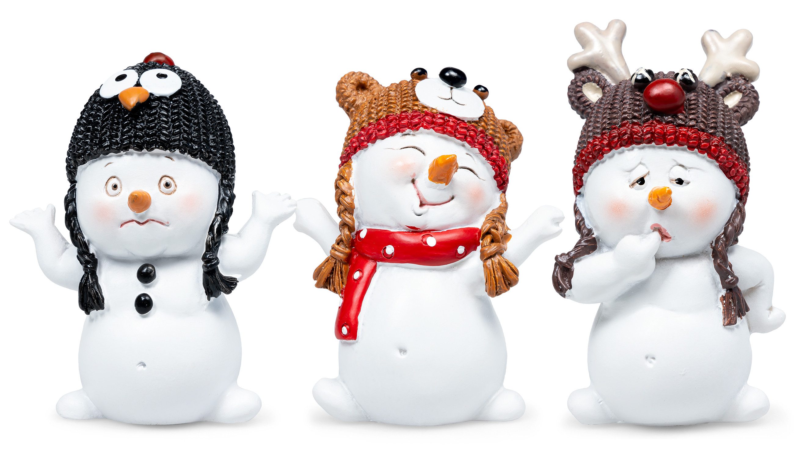 SIKORA Weihnachtsfigur Mini Schneemann Deko Figur Set mit Tiermützen kleine 3 Mo