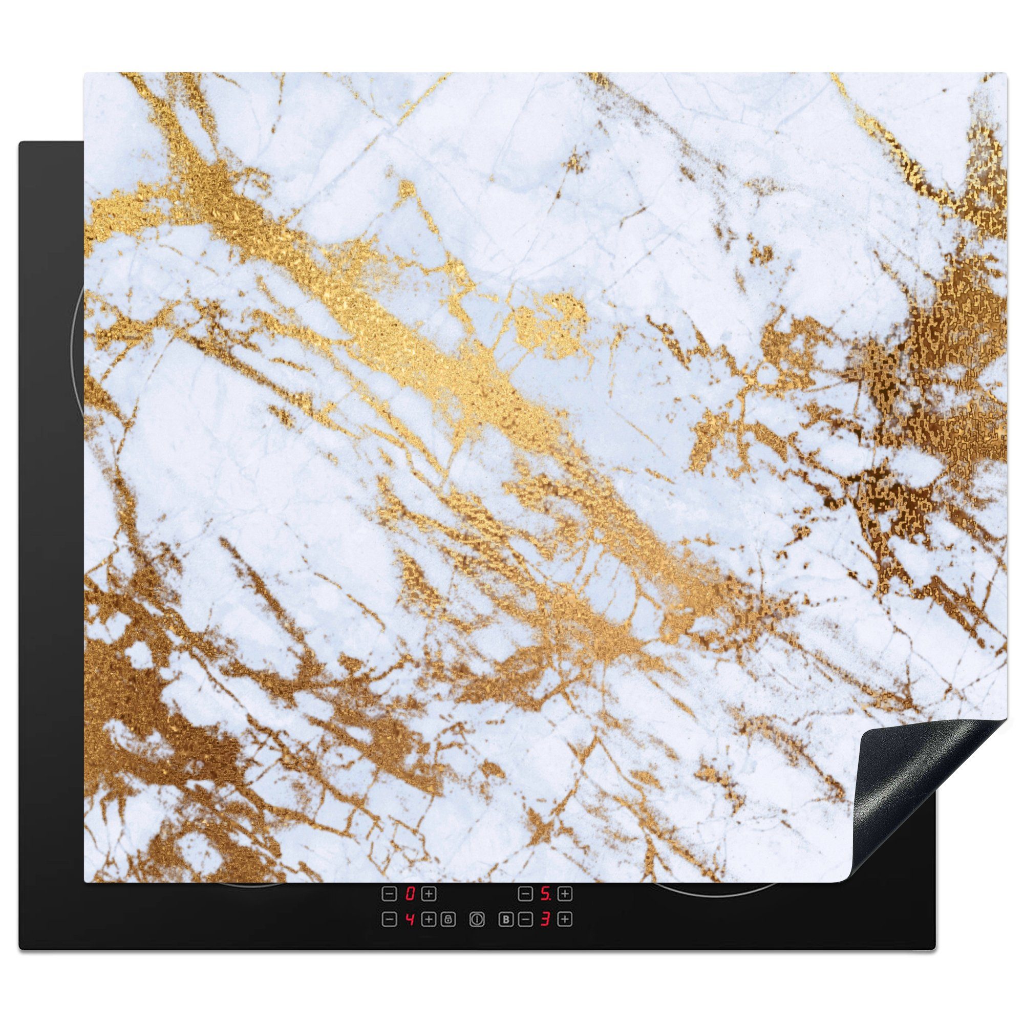 MuchoWow Herdblende-/Abdeckplatte Marmor - Gold - Weiß - Luxe - Marmoroptik - Glitzer, Vinyl, (1 tlg), 58x51 cm, Küchen Dekoration für Induktionsherd, Induktionskochfeld