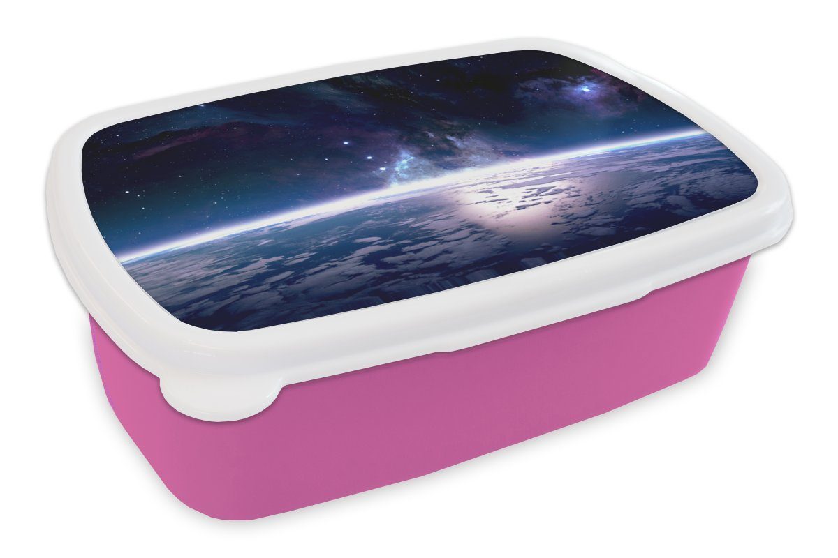 MuchoWow Lunchbox Weltraum - Erde - Licht, Kunststoff, (2-tlg), Brotbox für Erwachsene, Brotdose Kinder, Snackbox, Mädchen, Kunststoff rosa