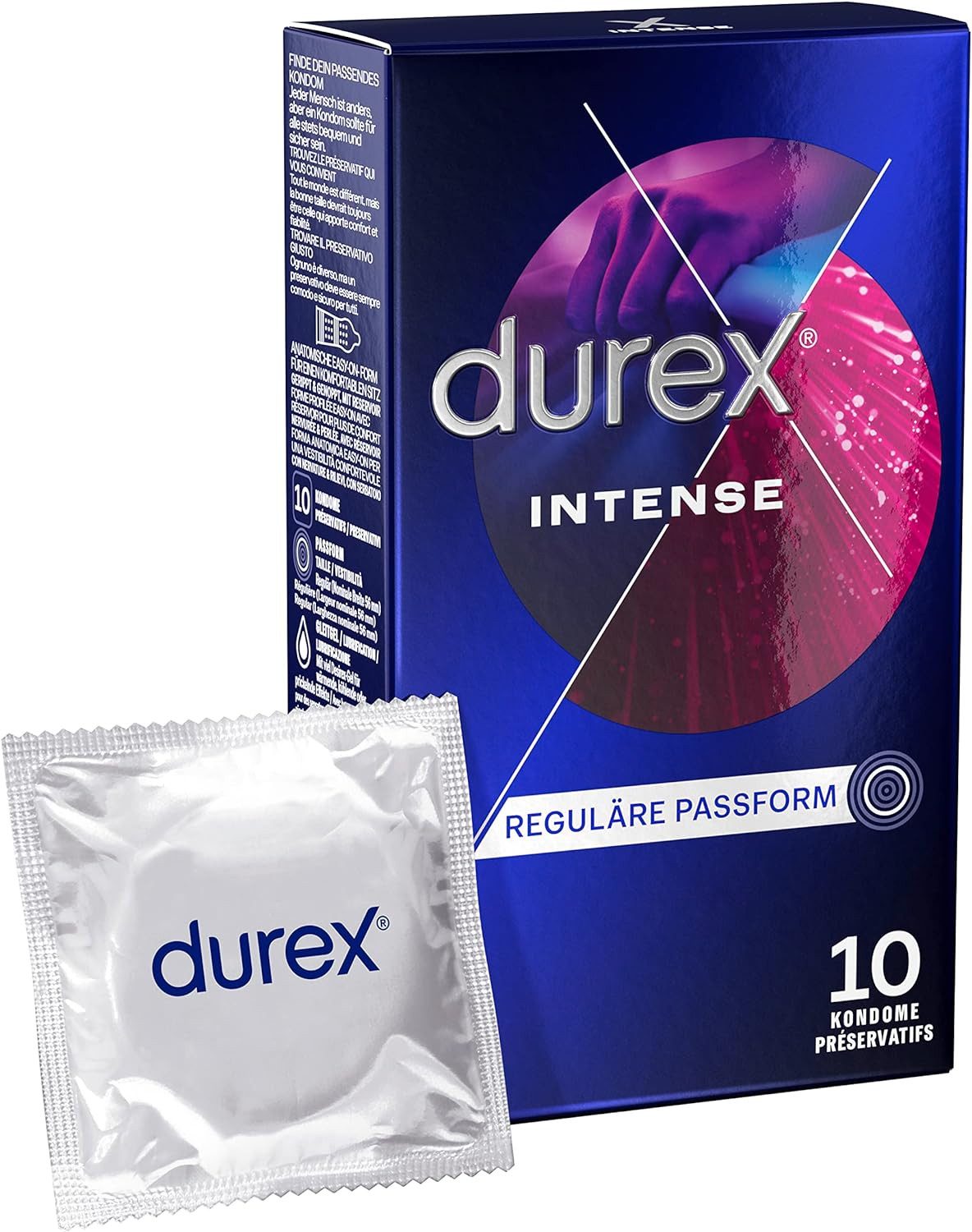 durex Kondome Intense, 10 St., Mit Noppen, Rippen & viel Desirex-Gel für zusätzliche Stimulation, anatomische Easy-On-Form