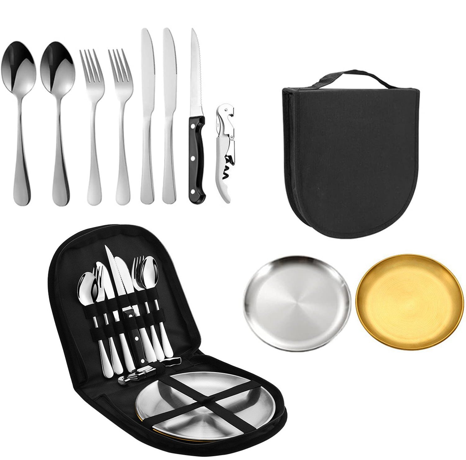 Rhein Beleuchtung Besteck-Set Tragbare silberne Besteck-Picknicktasche aus Edelstahl (11er-Set) (11-tlg), 2 Personen, Mit Messer, Gabel, Löffel, Flaschenöffner und Teller