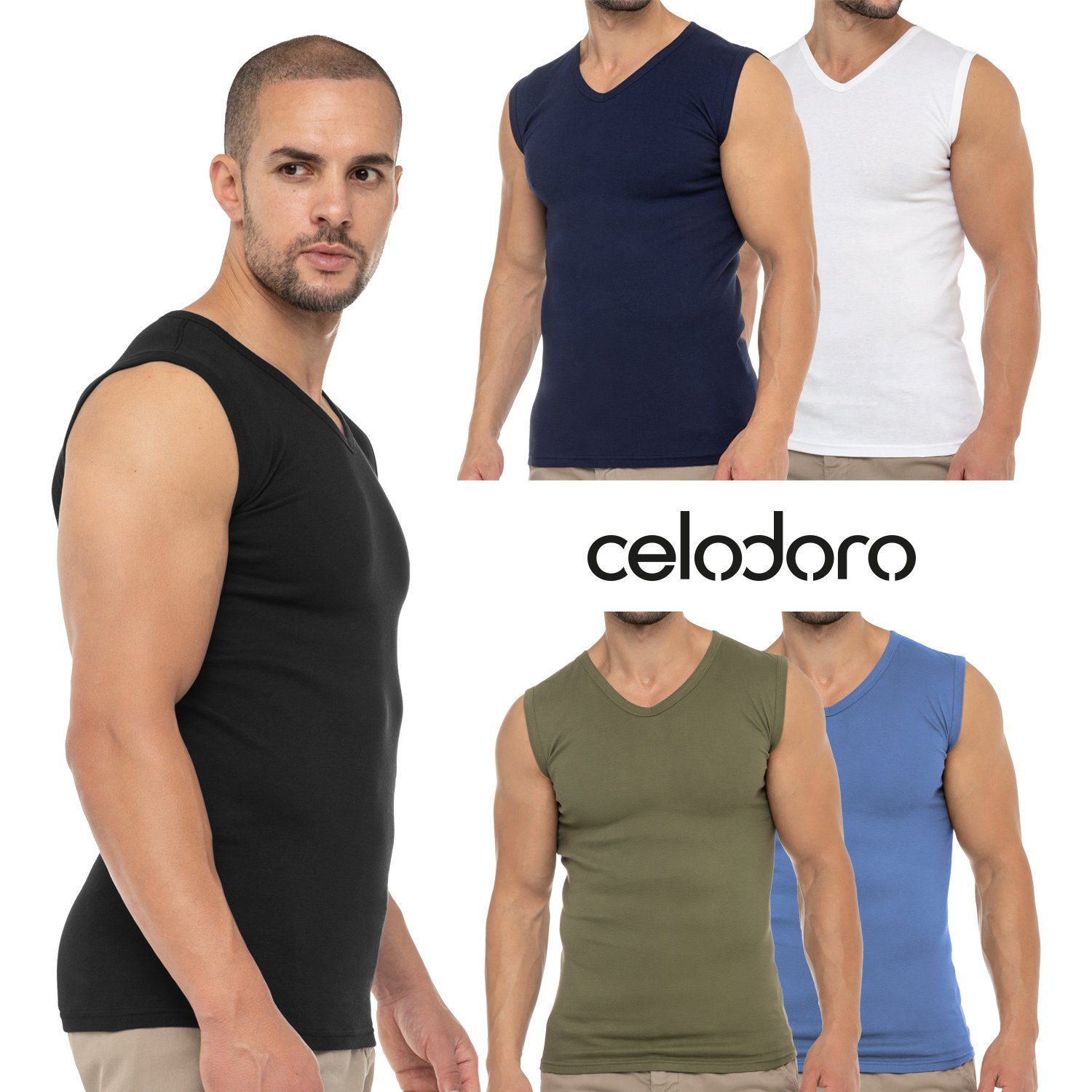 Carolina celodoro V-Neck, Feinripp, Blue Muskelshirt Unterhemd Business Baumwolle Herren