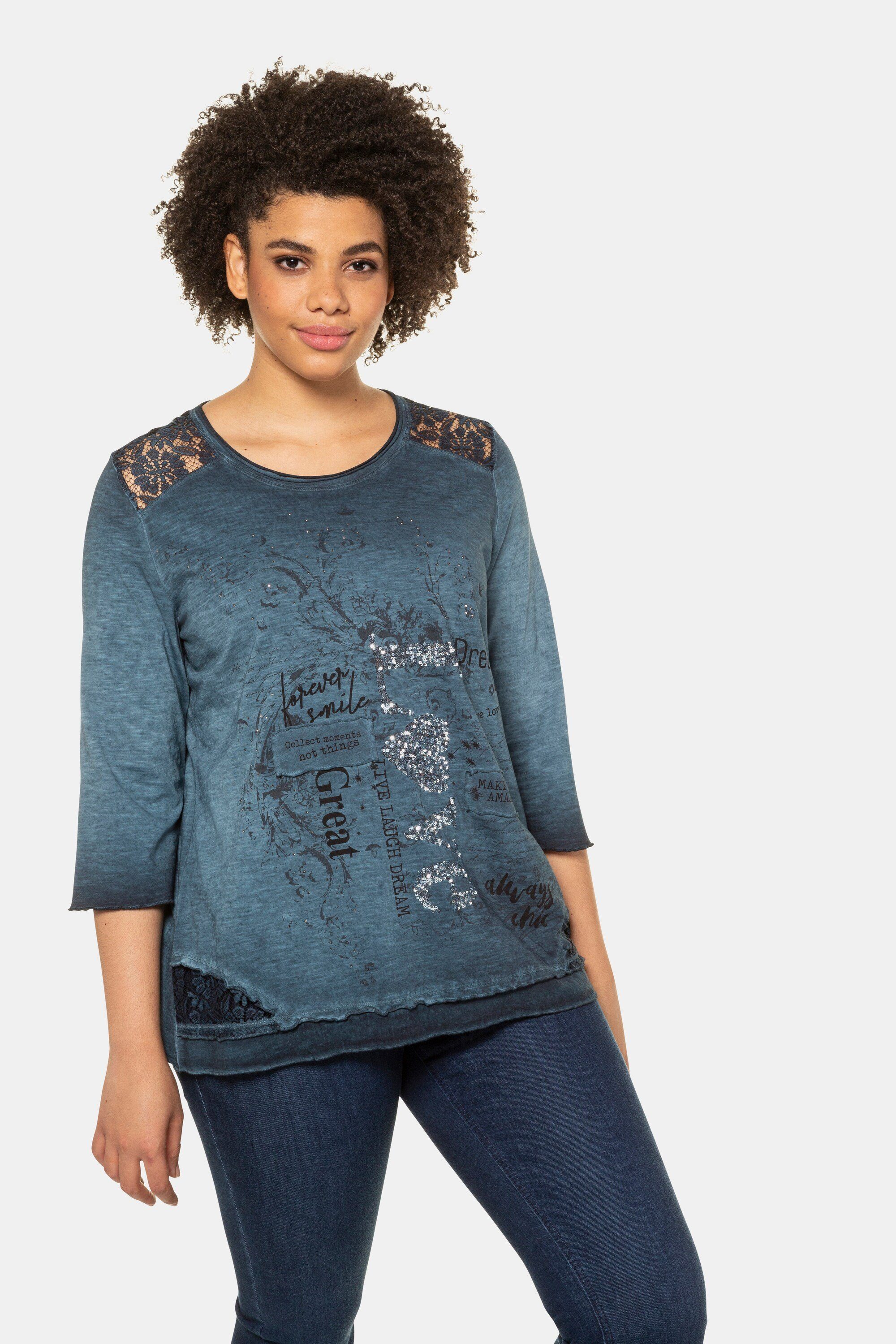 Ulla Popken Rundhalsshirt Shirt Schriftmotiv Classic Pailletten Spitze