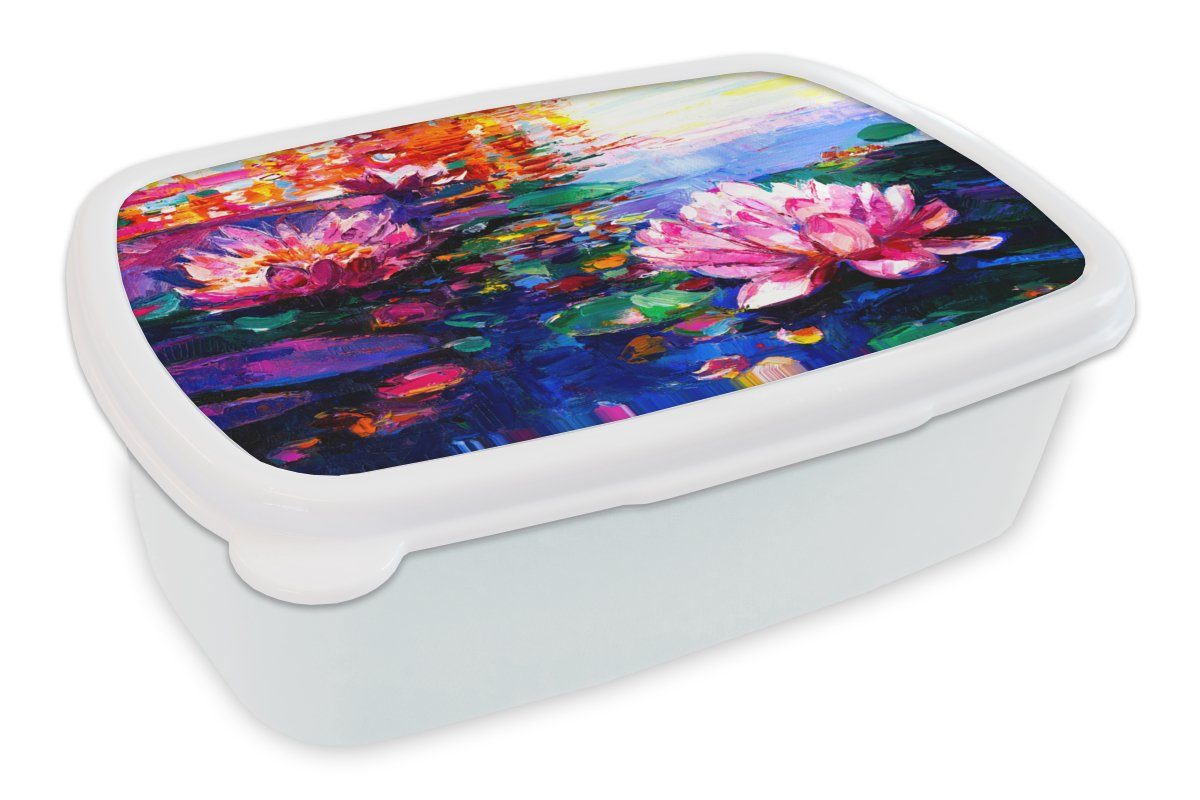 MuchoWow Lunchbox Gemälde - Öl - Seerose - Wasser, Kunststoff, (2-tlg), Brotbox für Kinder und Erwachsene, Brotdose, für Jungs und Mädchen weiß