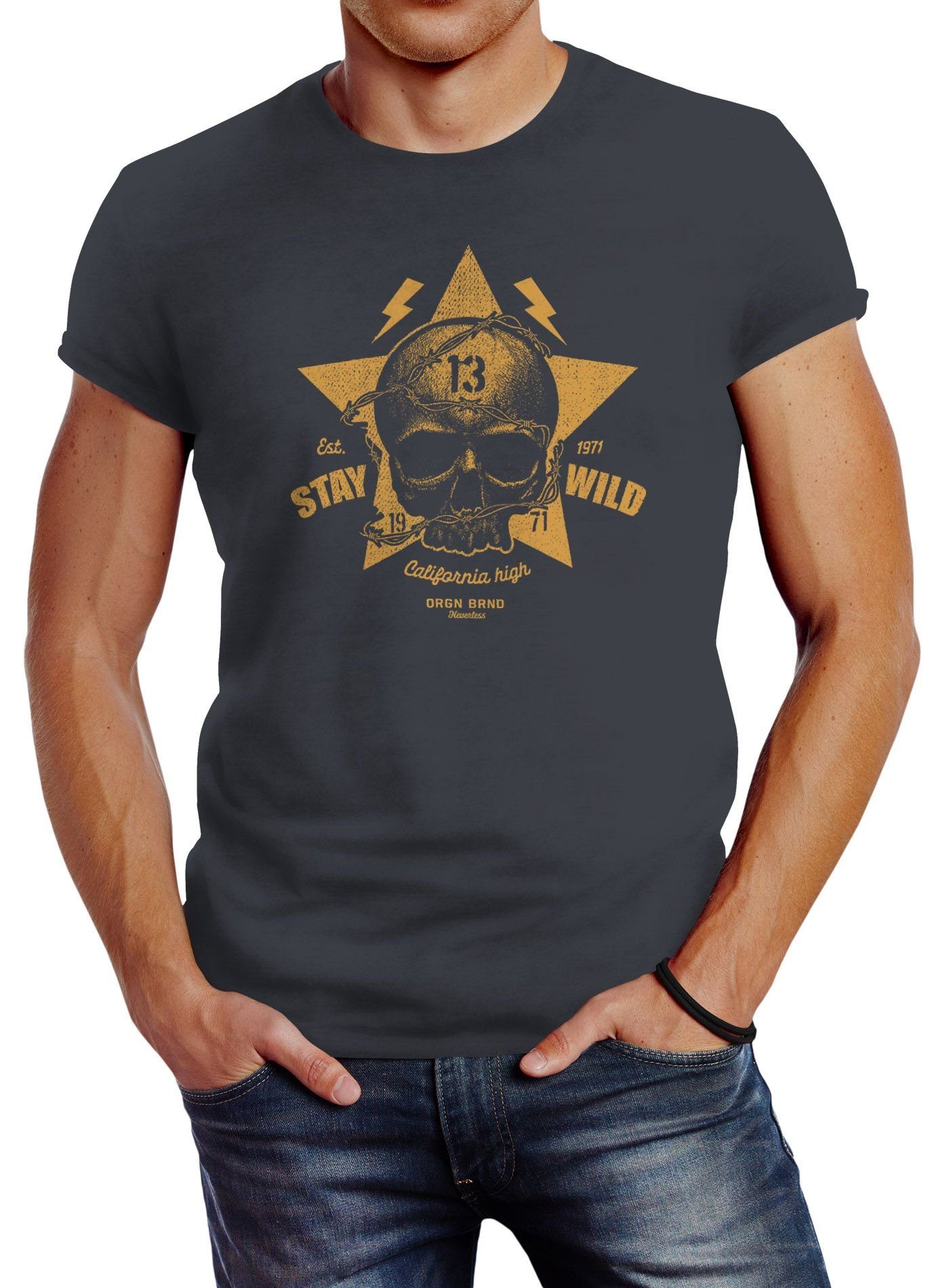 Neverless Print-Shirt Herren T-Shirt Printshirt Skull Totenkopf Motiv Stay Wild Slim Fit mit Print
