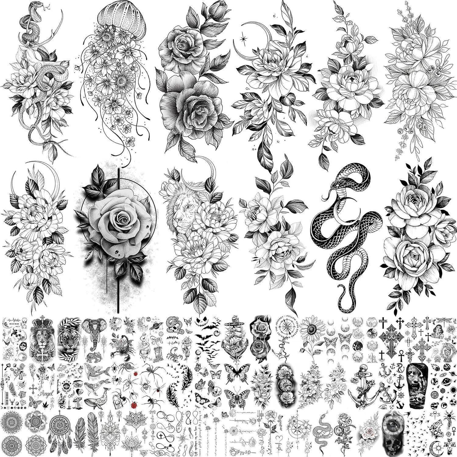 LuxusKollektion Kindertattoo Temporäre Tattoos Blumen Rose Schlange 3D Arm Hals Frauen Verschiedene
