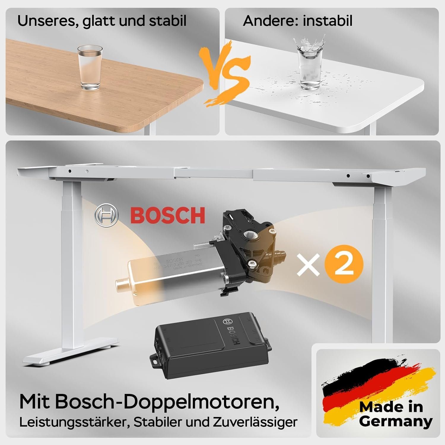 Solu Schwarz, (3-Fach-Teleskop Elektrisch Weiß Memory), Antikollisionssystem Stark /4 2USB/ Schreibtisch 1-St., Dual-Motoren BOSCH Super Tischgestell 2 Höhenverstellbares Motoren