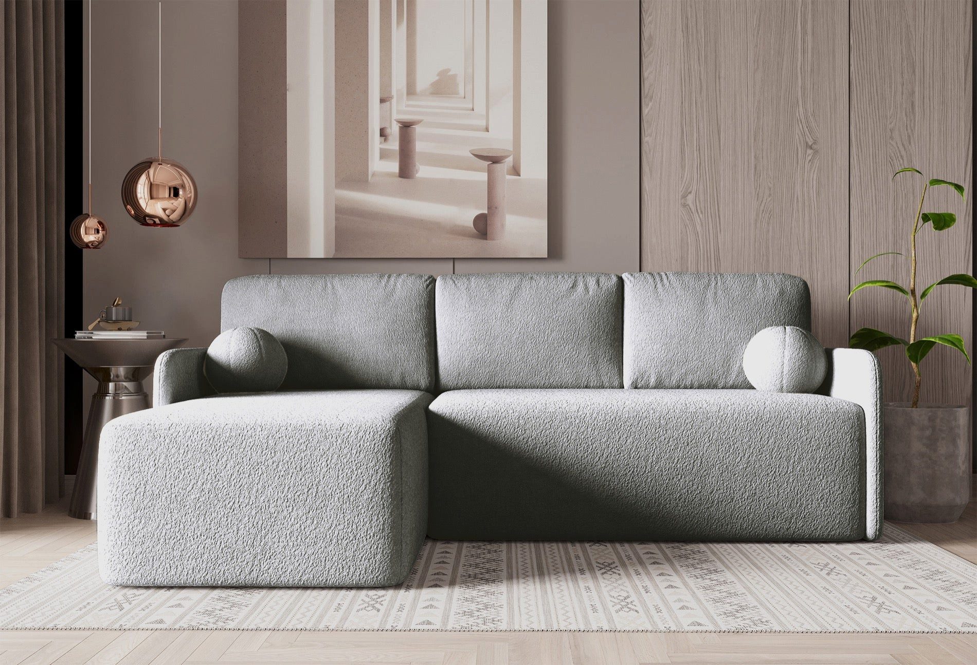 Selsey Ecksofa BLOOM, Ottomane beidseitig montierbar, Stauraum, Schlaffunktion, Bouclé-Stoff