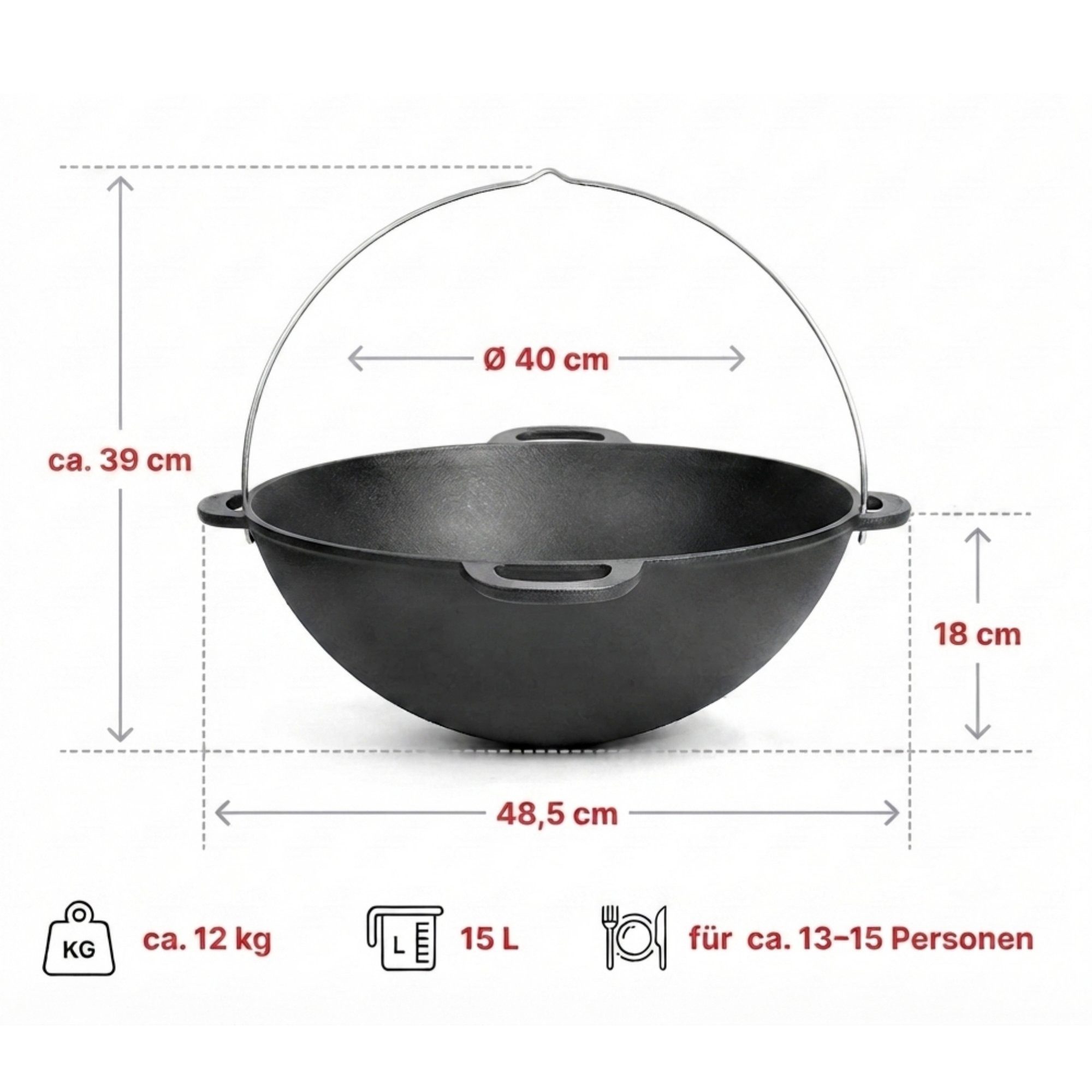 4BIG.fun Grilltopf Premium Gusseisen Kazan 15 L mit Glasdeckel Schwenktopf Gusstopf, Gusseisen (Schmortopf Plov, Grillwok preseasoned bereits eingebrannt), Asiatisches Kasan Kessel