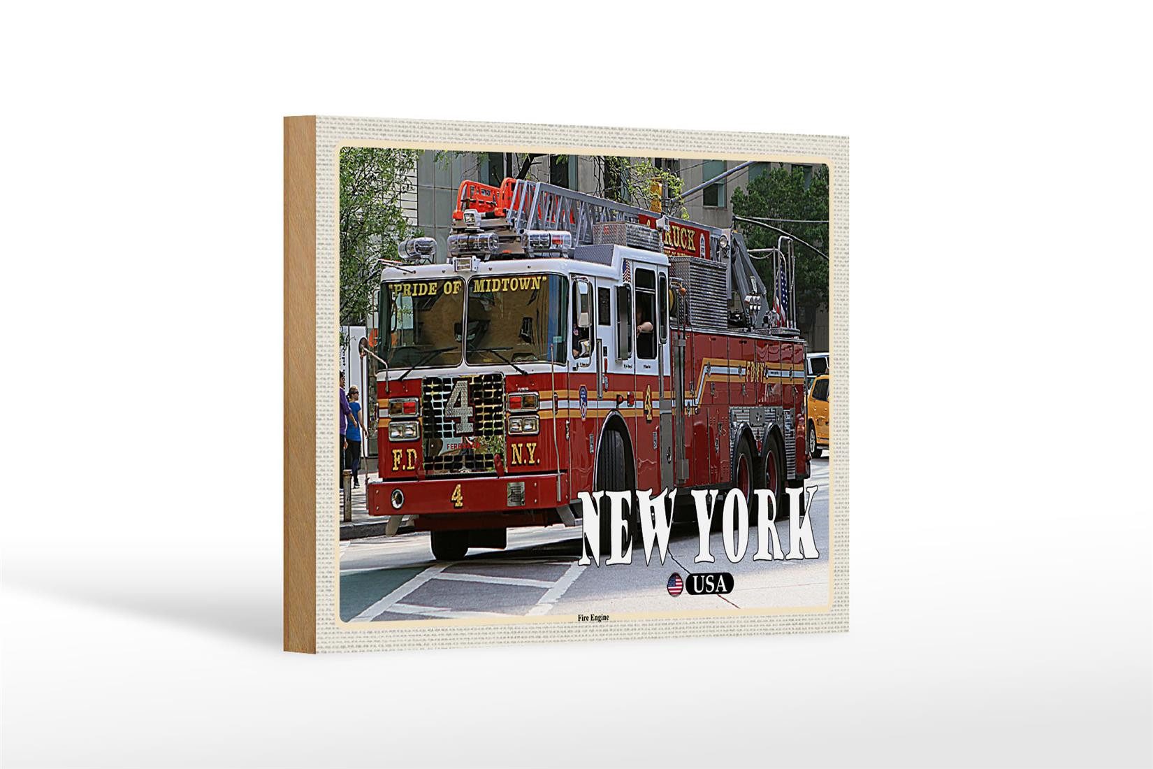 Femer GmbH Holzbild Reise 18x12 cm New York USA Fire Engine Feuerwehrauto, (1 St), Glatte Holzfaserplatte (MDF), vorn beschichtet